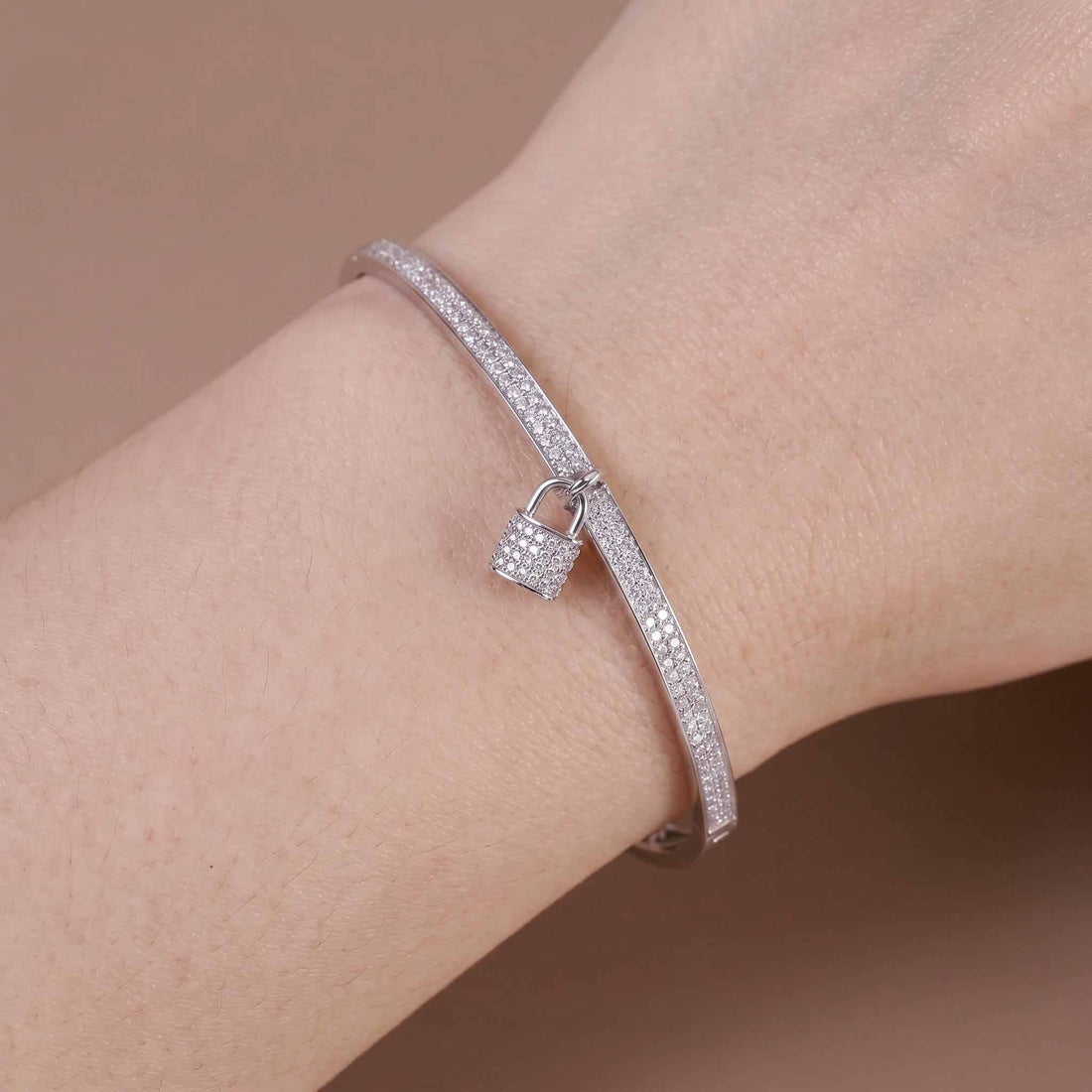 Natural Diamond Micro - Pave Bangle with Padlock Charm in 18K White Gold - JewelryAndStore