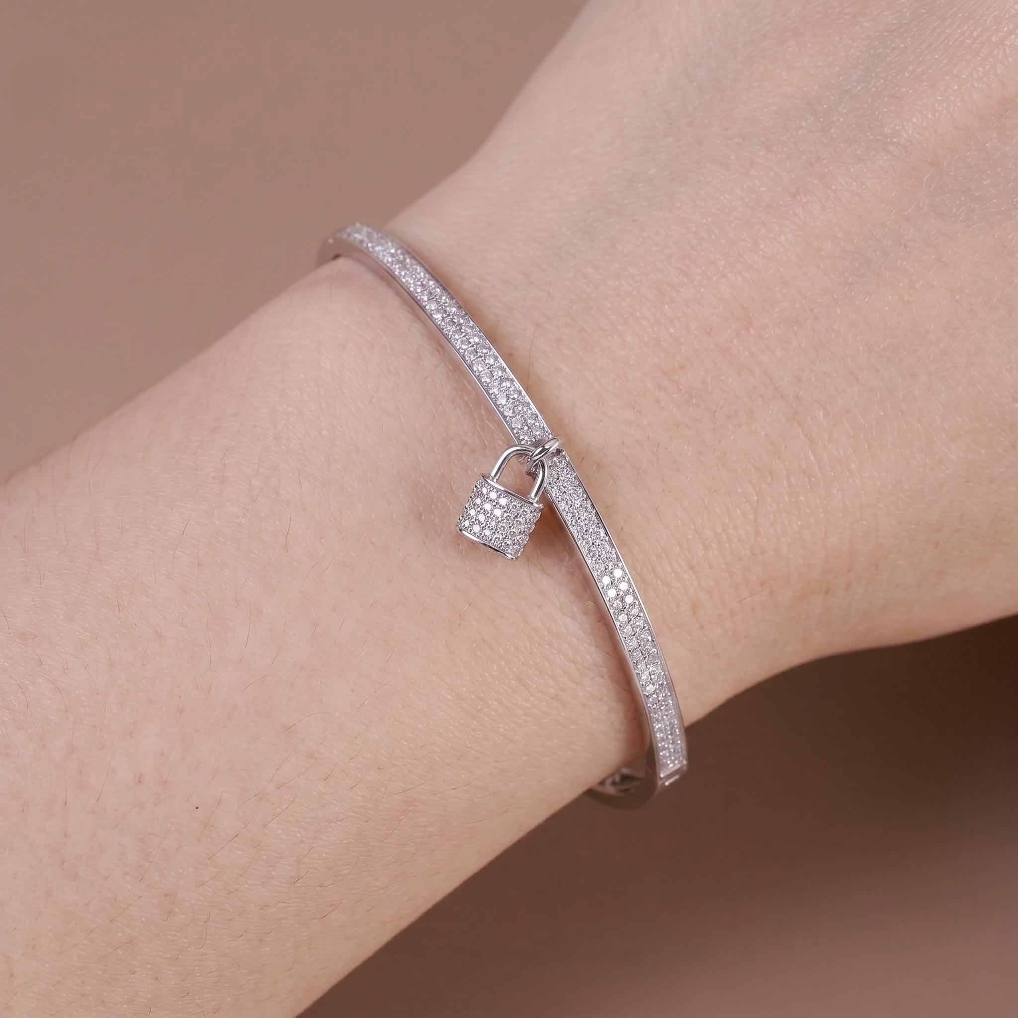 Natural Diamond Micro - Pave Bangle with Padlock Charm in 18K White Gold - JewelryAndStore