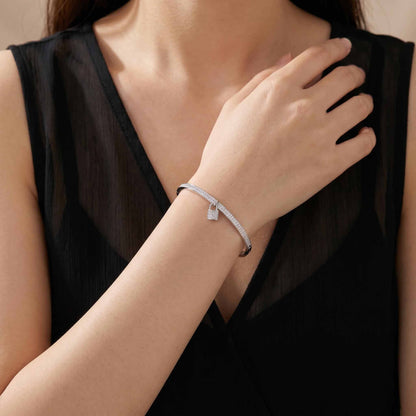 Natural Diamond Micro - Pave Bangle with Padlock Charm in 18K White Gold - JewelryAndStore