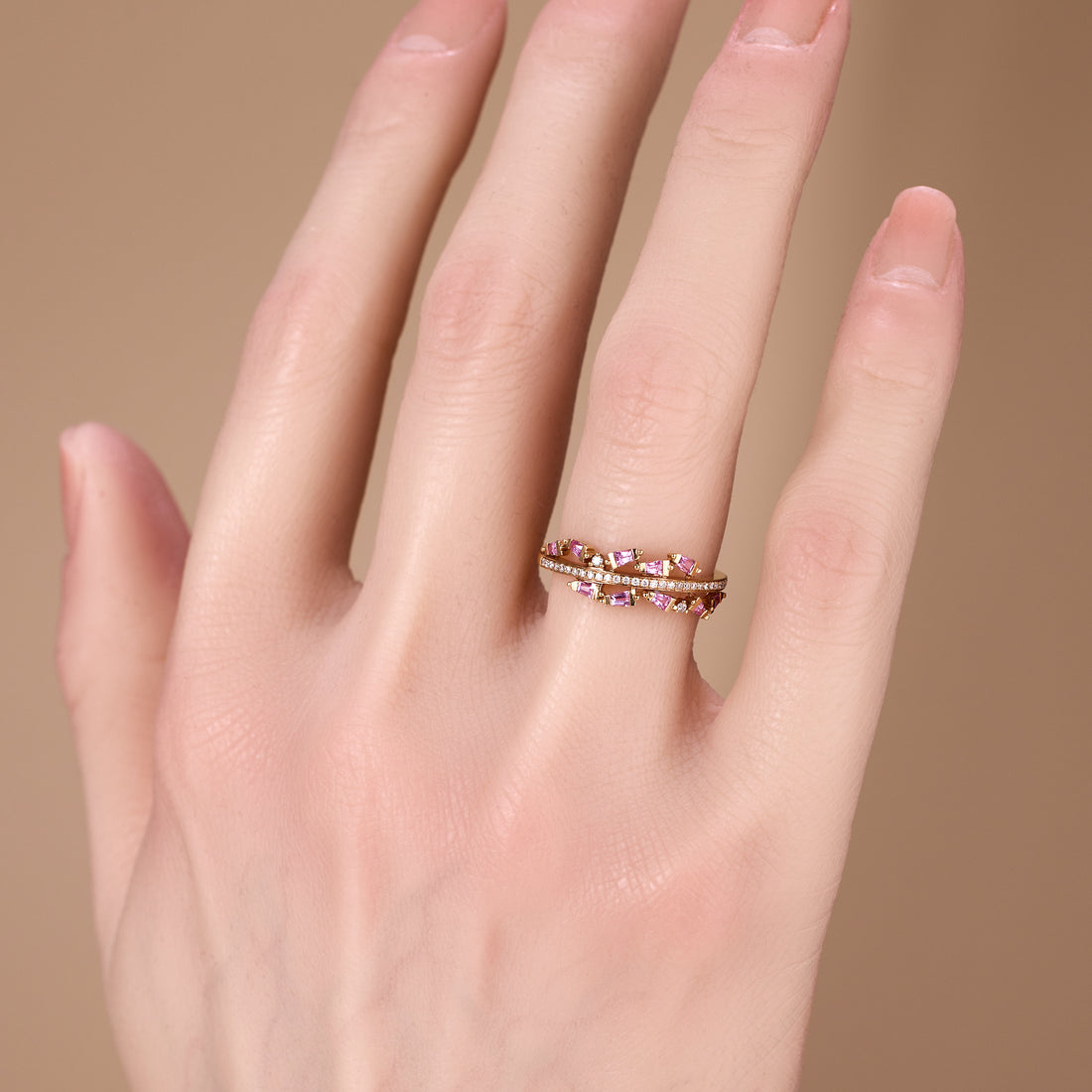 Diamond &amp; Pink Sapphire Band Ring in 18K Gold