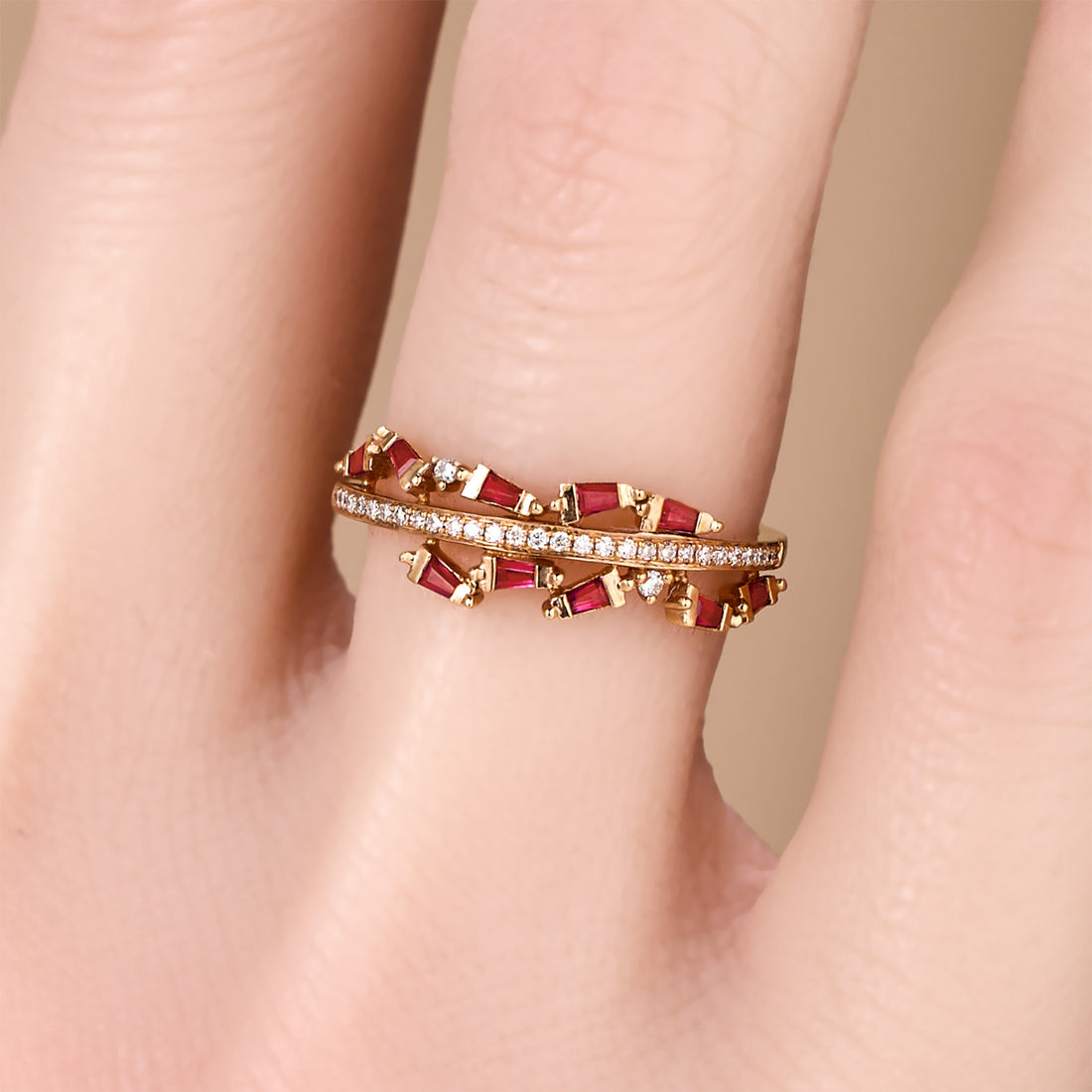 18K Rose Gold Natural Ruby &amp; Diamond Slim Band Ring - JewelryAndStore