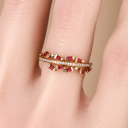 18K Rose Gold Natural Ruby &amp; Diamond Slim Band Ring - JewelryAndStore