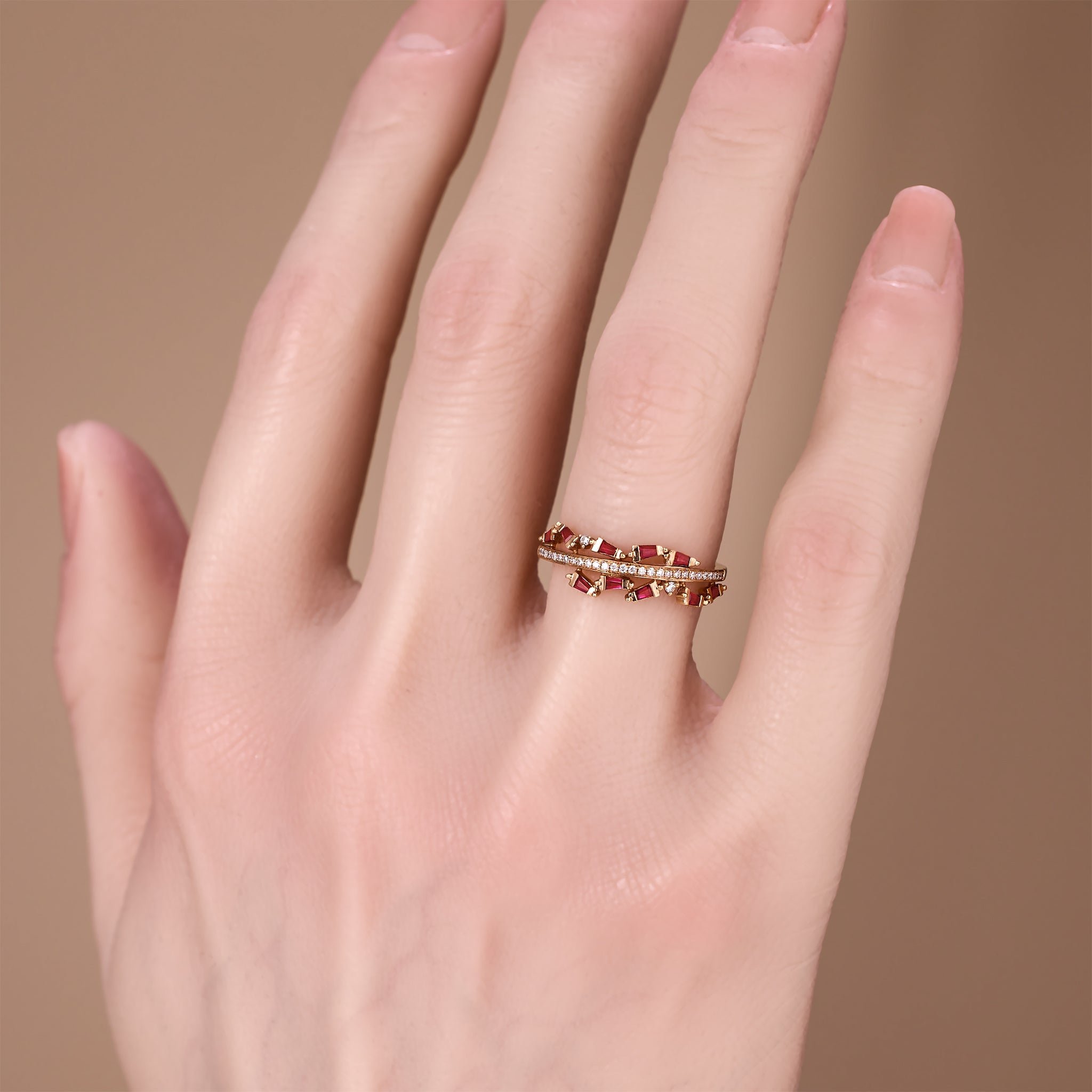 18K Rose Gold Natural Ruby &amp; Diamond Slim Band Ring