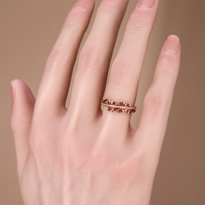 18K Rose Gold Natural Ruby &amp; Diamond Slim Band Ring