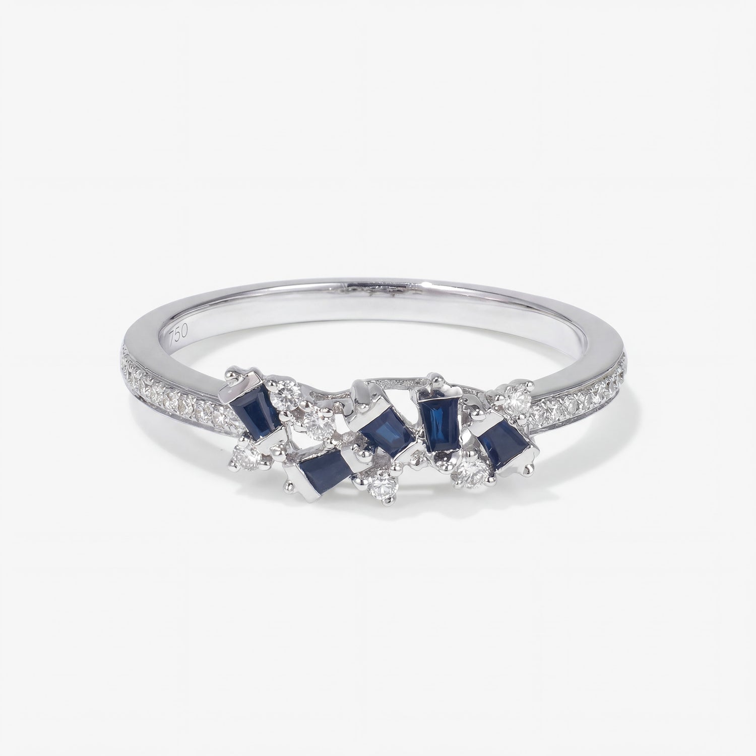 Natural Blue Sapphire and Diamond Cluster Ring in 18K White Gold - JewelryAndStore