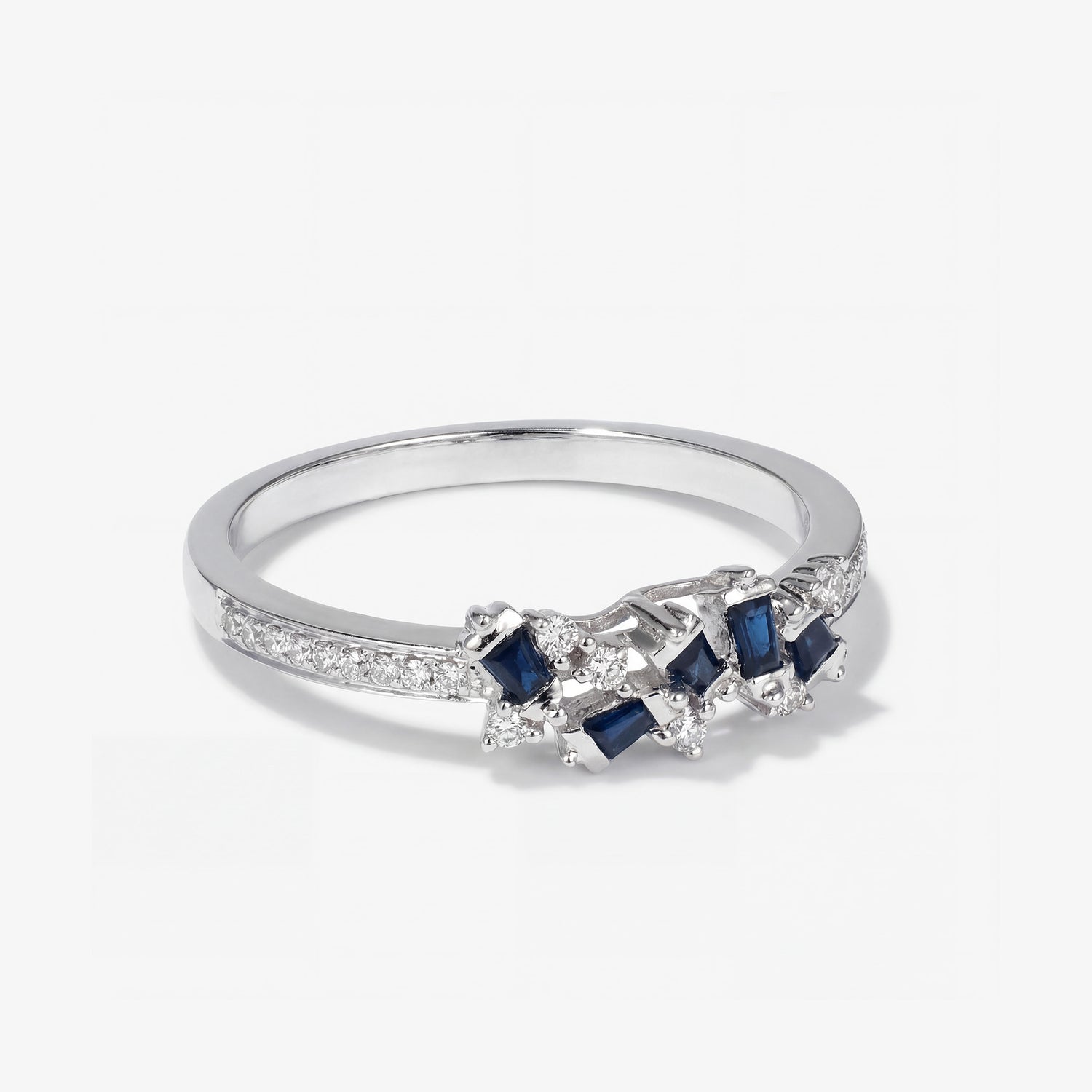 Natural Blue Sapphire and Diamond Cluster Ring in 18K White Gold - JewelryAndStore