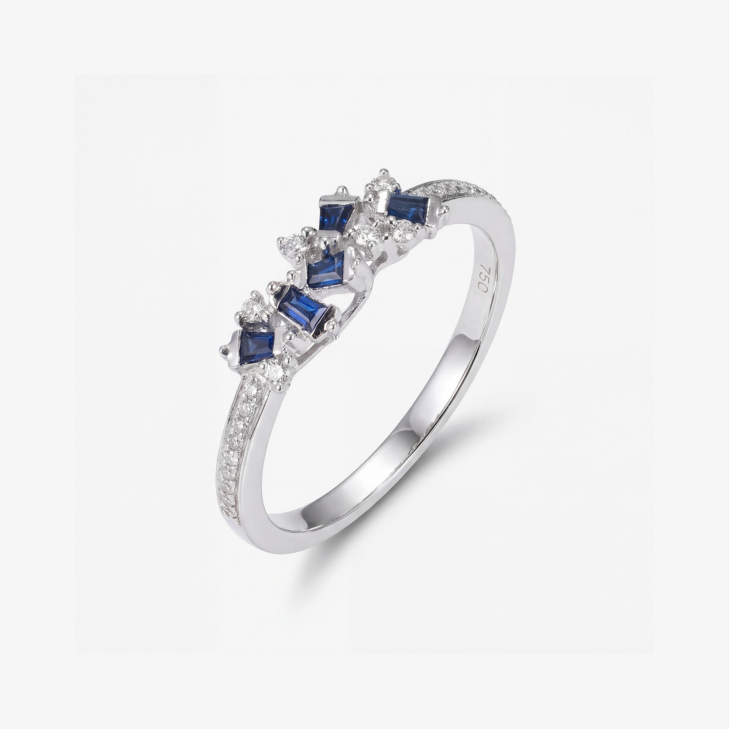 Natural Blue Sapphire and Diamond Cluster Ring in 18K White Gold - JewelryAndStore