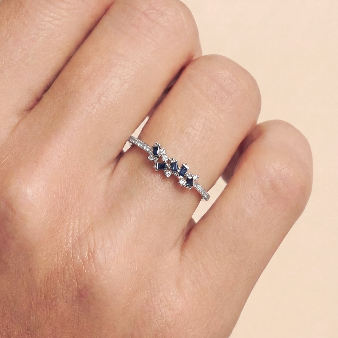 Natural Blue Sapphire and Diamond Cluster Ring in 18K White Gold - JewelryAndStore