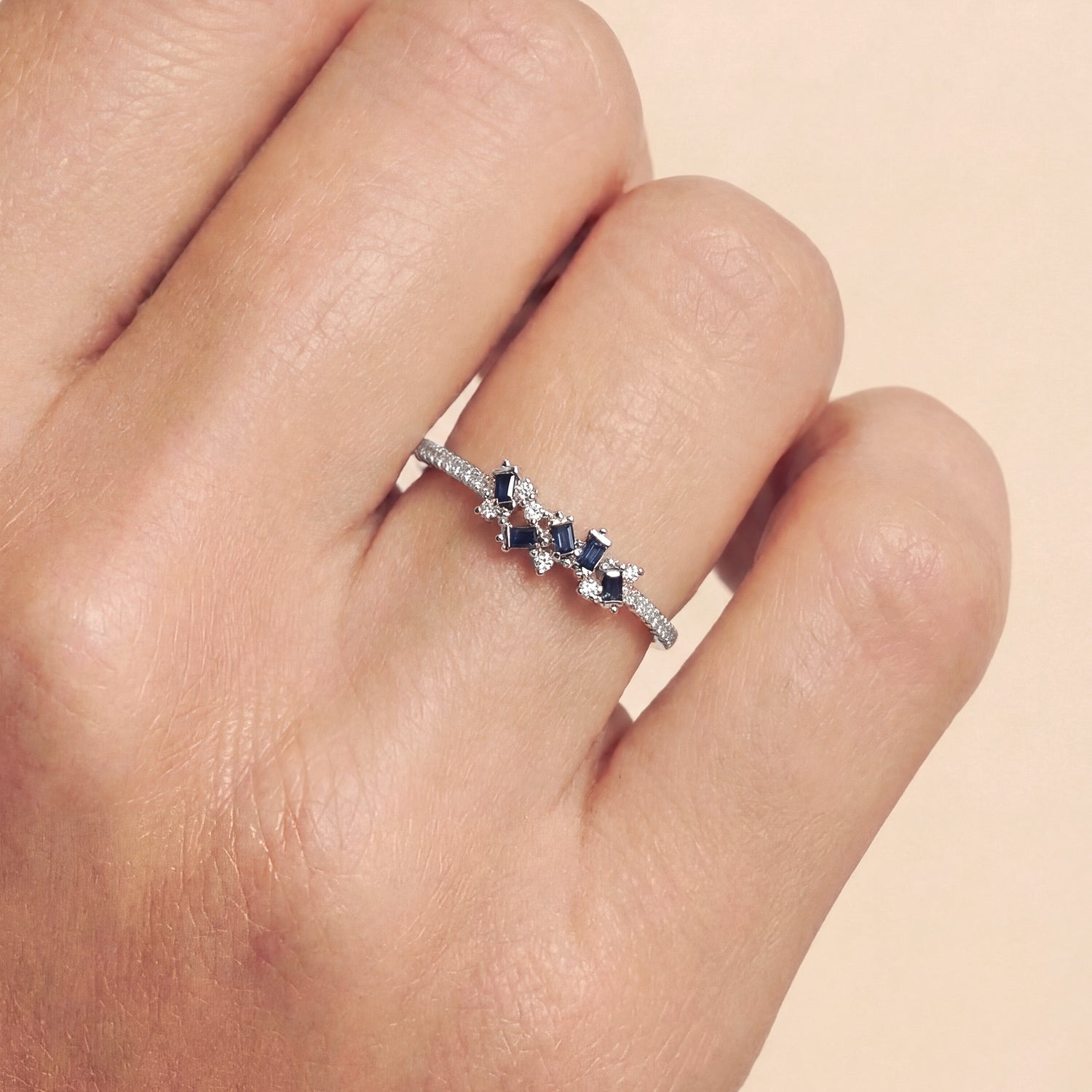 Natural Blue Sapphire and Diamond Cluster Ring in 18K White Gold - JewelryAndStore