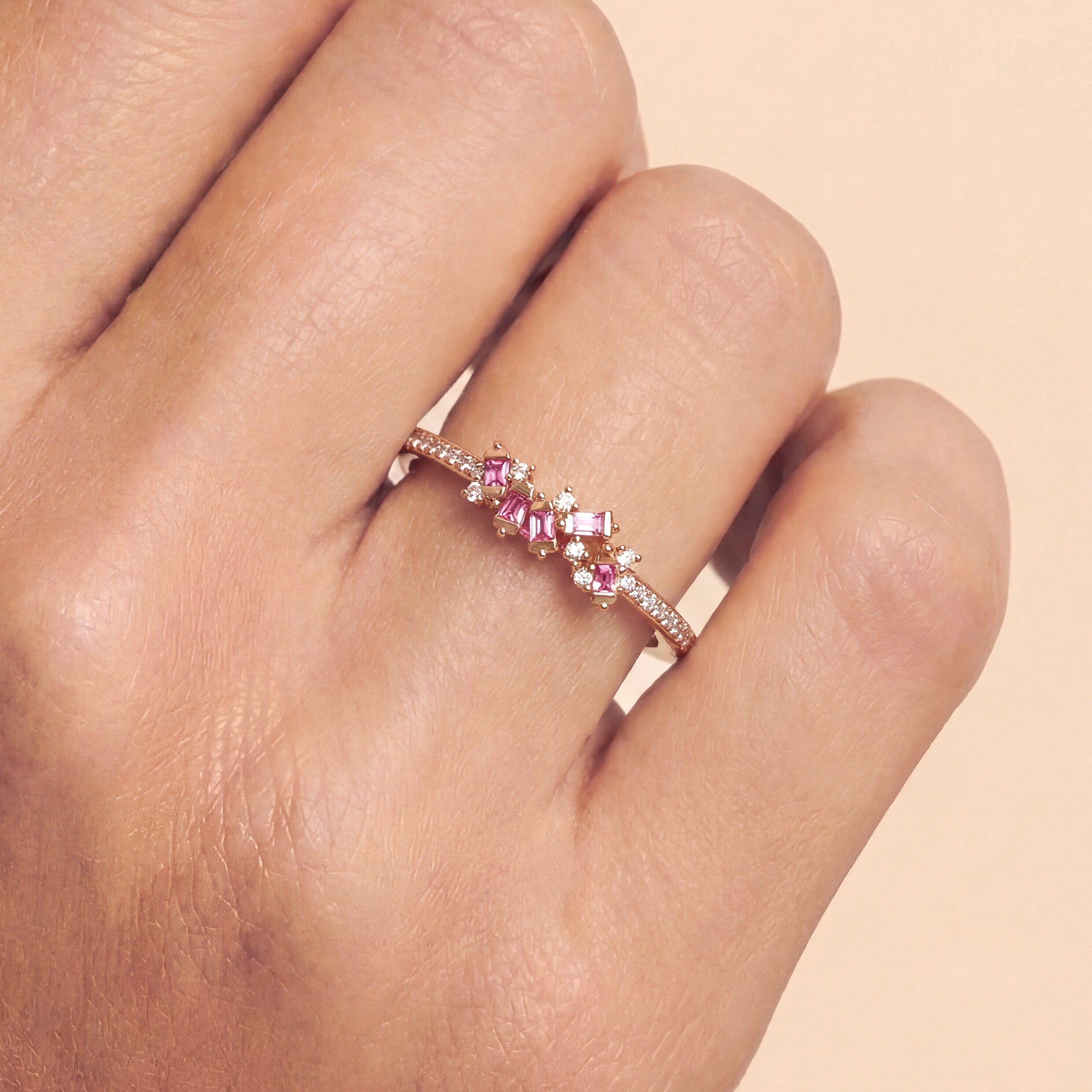 18K Rose Gold Diamond &amp; Pink Sapphire Slim Band Ring - JewelryAndStore