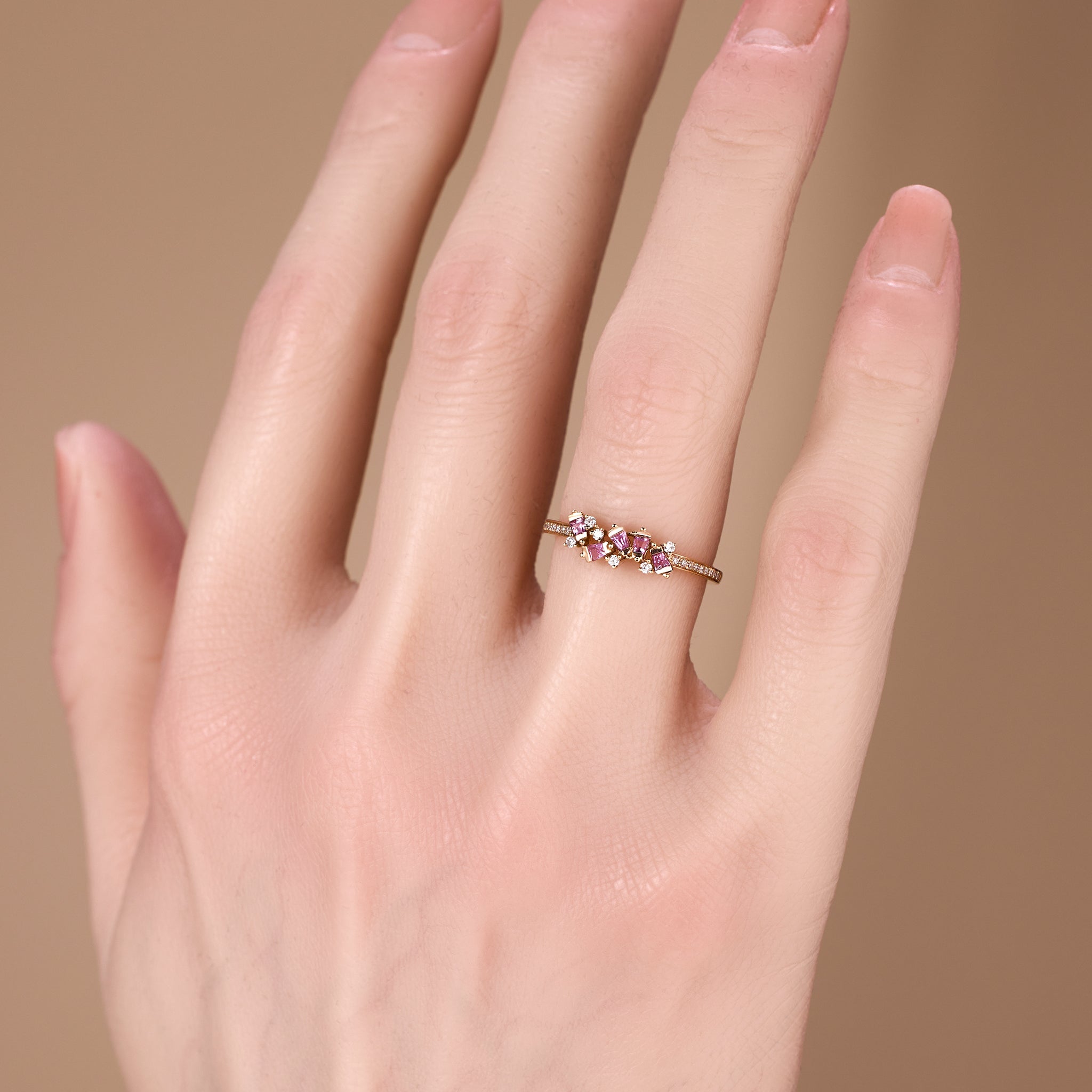 18K Rose Gold Diamond &amp; Pink Sapphire Slim Band Ring