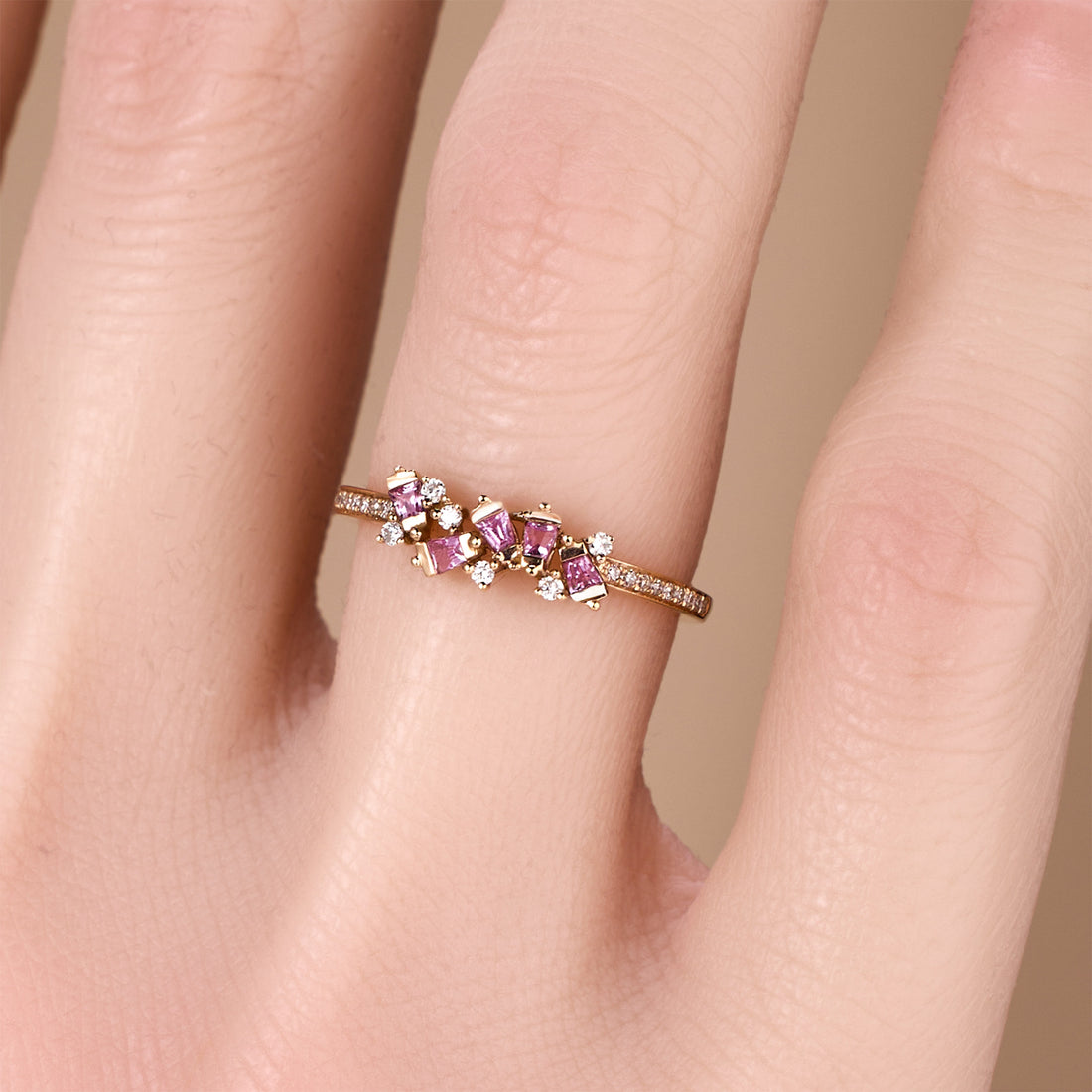 18K Rose Gold Diamond &amp; Pink Sapphire Slim Band Ring - JewelryAndStore