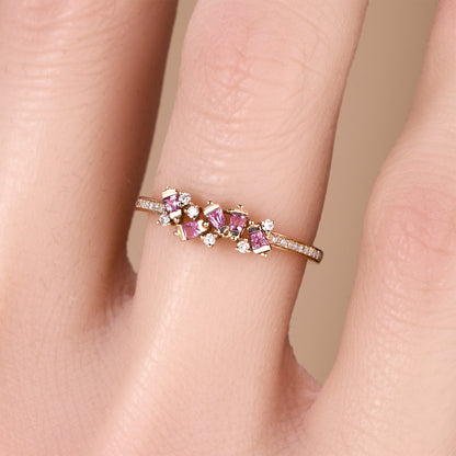 18K Rose Gold Diamond &amp; Pink Sapphire Slim Band Ring - JewelryAndStore