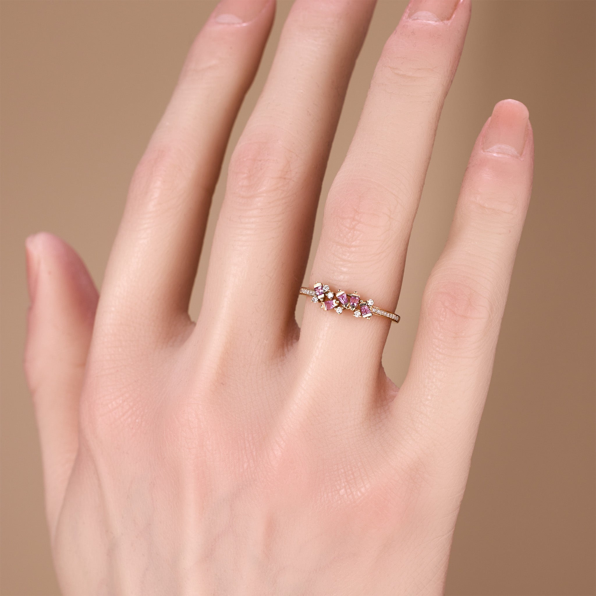 18K Rose Gold Diamond &amp; Pink Sapphire Slim Band Ring - JewelryAndStore