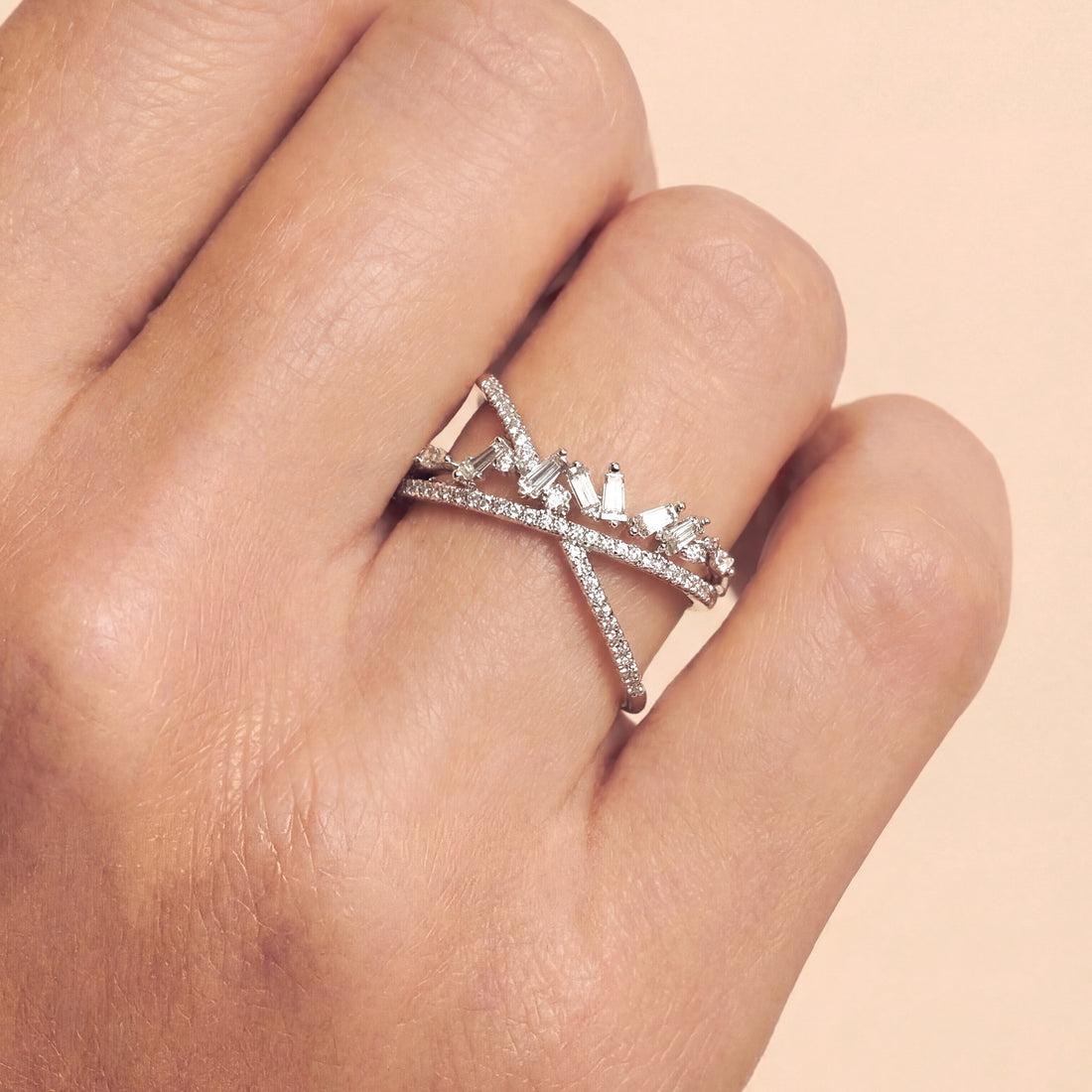 Modern Diamond Criss Cross Ring in 18K White Gold - JewelryAndStore