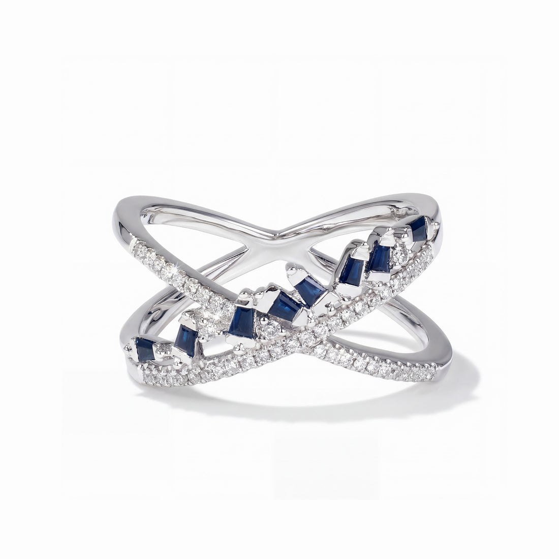 Crisscross Blue Sapphire and Diamond X Ring in 18K White Gold - JewelryAndStore