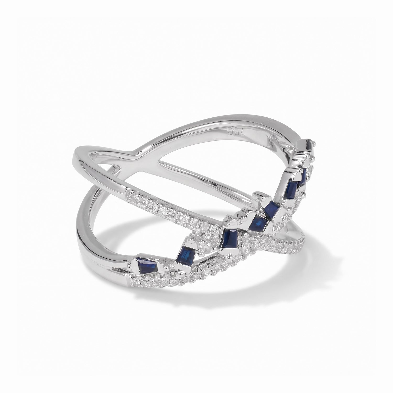 Crisscross Blue Sapphire and Diamond X Ring in 18K White Gold - JewelryAndStore