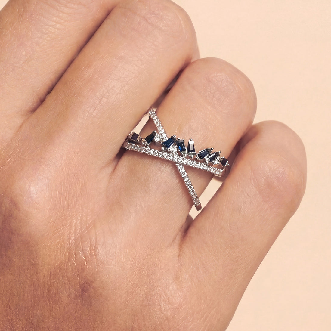 Crisscross Blue Sapphire and Diamond X Ring in 18K White Gold - JewelryAndStore