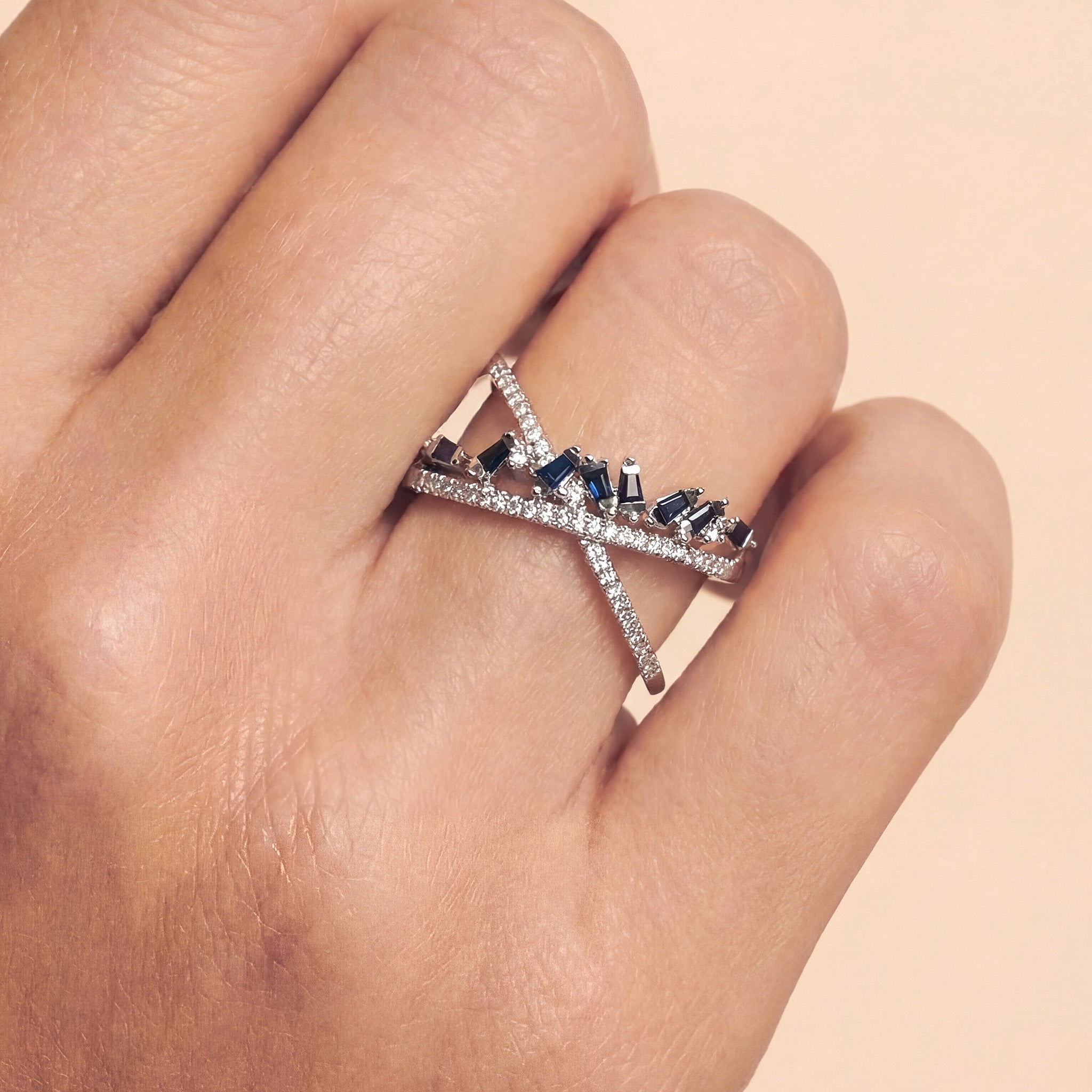 Crisscross Blue Sapphire and Diamond X Ring in 18K White Gold - JewelryAndStore