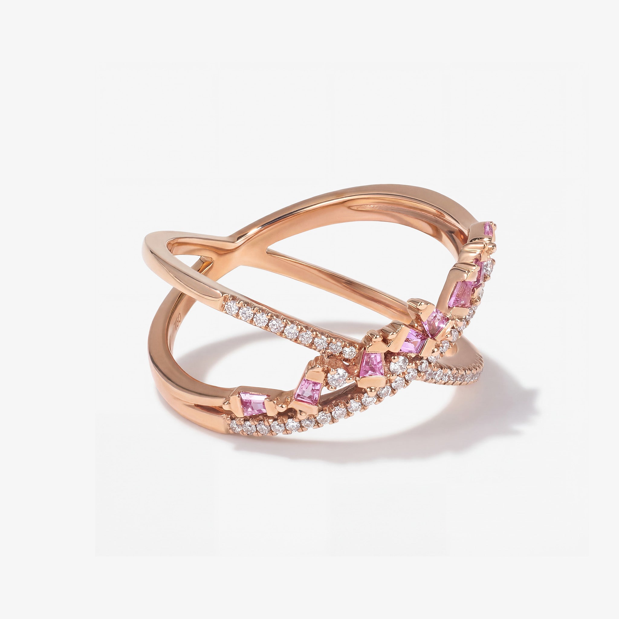 Crisscross Pink Sapphire and Diamond X Ring in 18K Rose Gold - JewelryAndStore