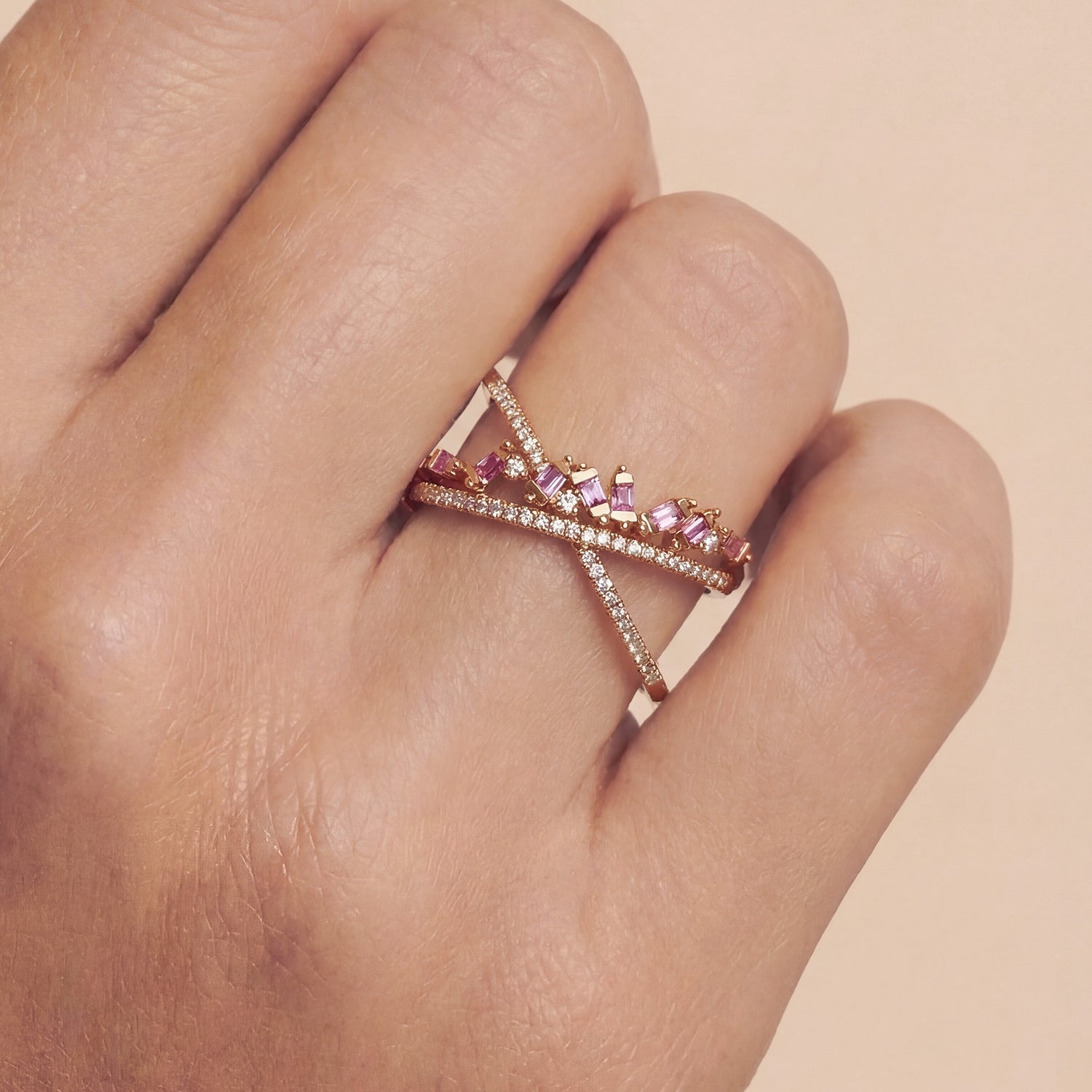 Crisscross Pink Sapphire and Diamond X Ring in 18K Rose Gold - JewelryAndStore