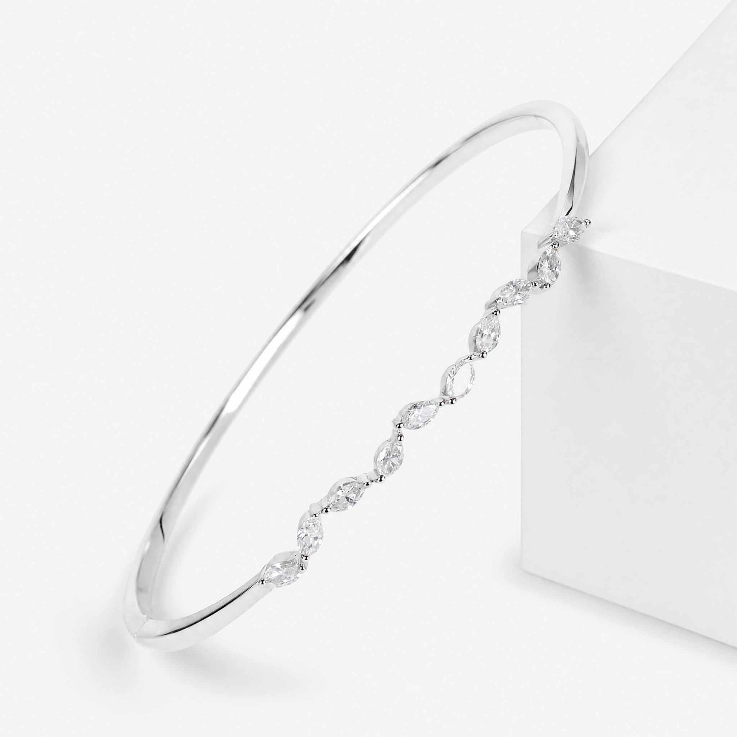 Natural Marquise Diamond Wave Row Bangle in 18K White Gold - JewelryAndStore