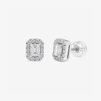 Emerald Cut Diamond Halo Stud Earrings in 18K White Gold - JewelryAndStore