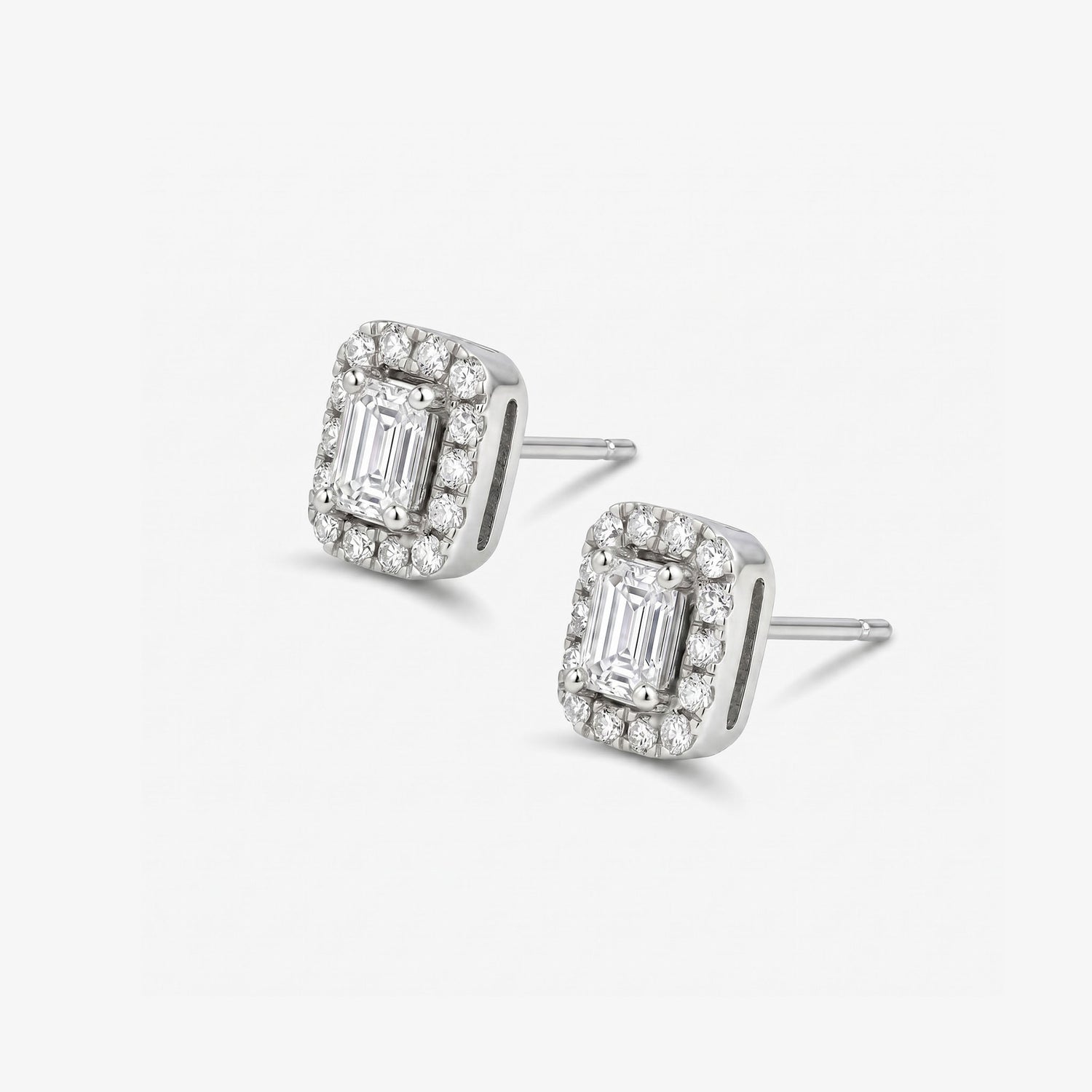Emerald Cut Diamond Halo Stud Earrings in 18K White Gold - JewelryAndStore