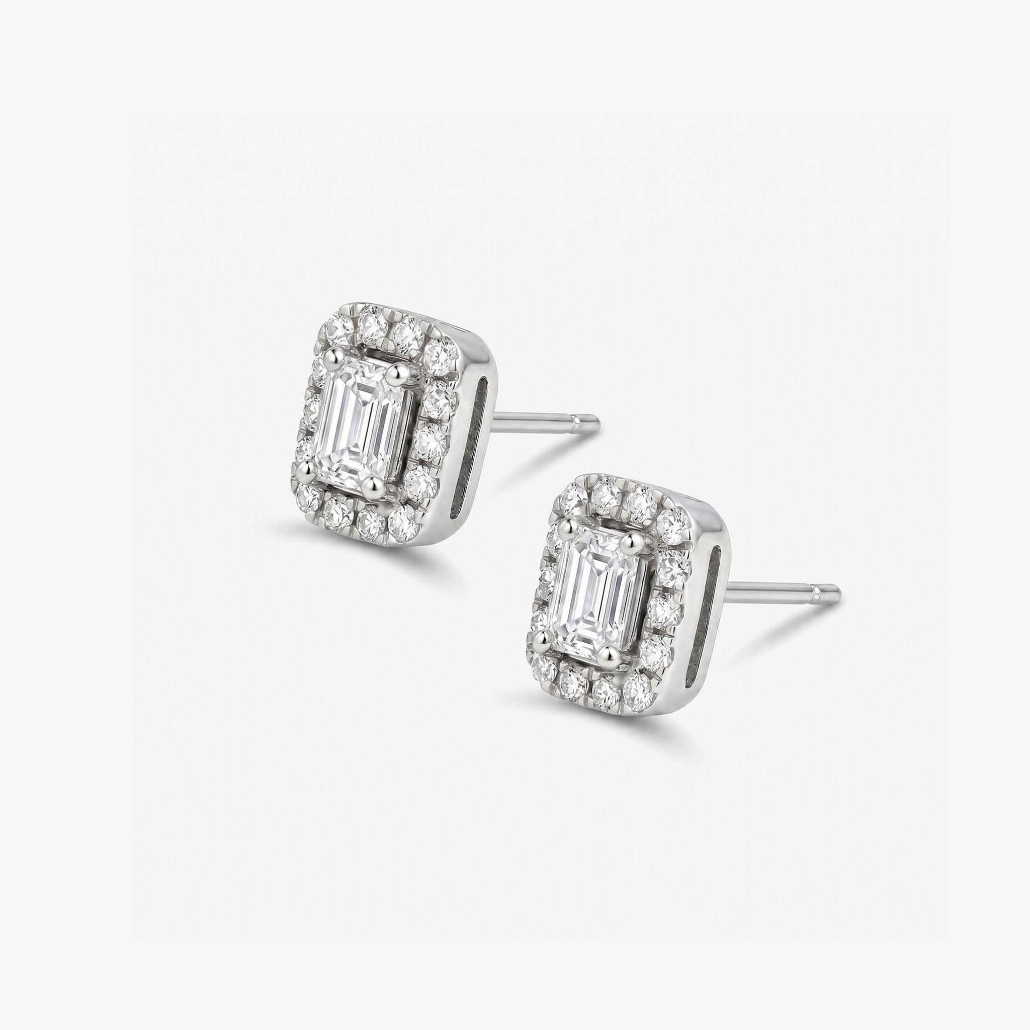 Emerald Cut Diamond Halo Stud Earrings in 18K White Gold - JewelryAndStore