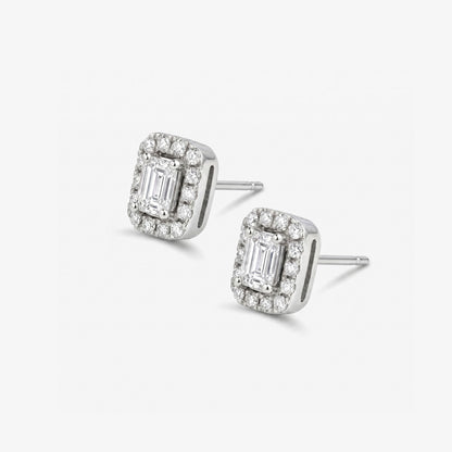 Emerald Cut Diamond Halo Stud Earrings in 18K White Gold - JewelryAndStore