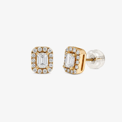 Emerald Cut Diamond Halo Stud Earrings in 18K Yellow Gold - JewelryAndStore