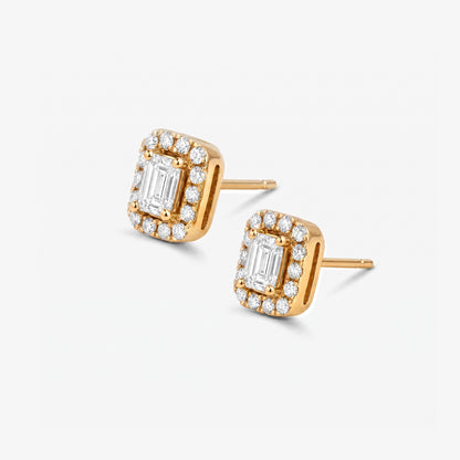 Emerald Cut Diamond Halo Stud Earrings in 18K Yellow Gold - JewelryAndStore