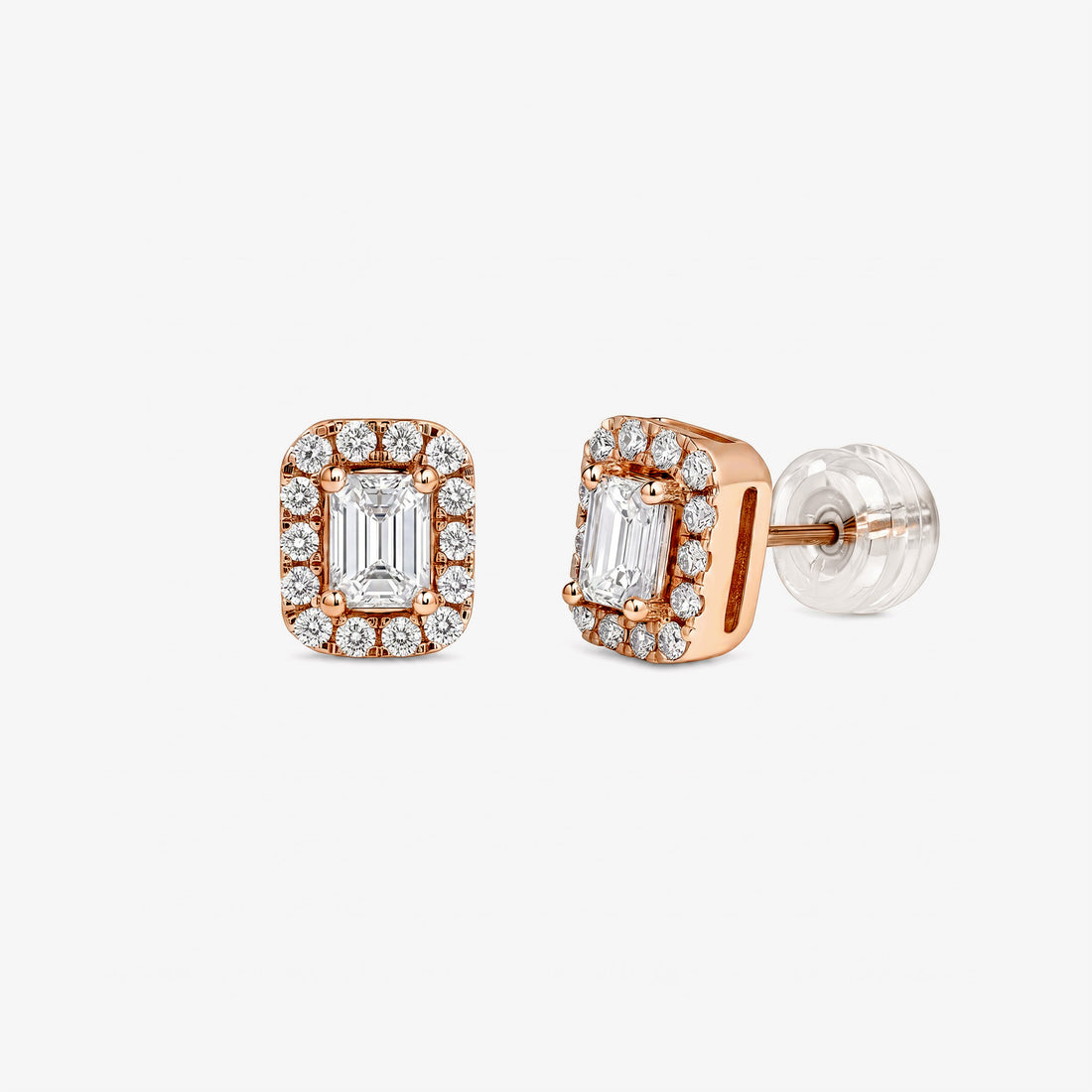 Emerald Cut Diamond Halo Stud Earrings in 18K Rose Gold - JewelryAndStore