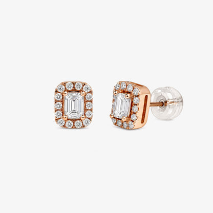 Emerald Cut Diamond Halo Stud Earrings in 18K Rose Gold - JewelryAndStore