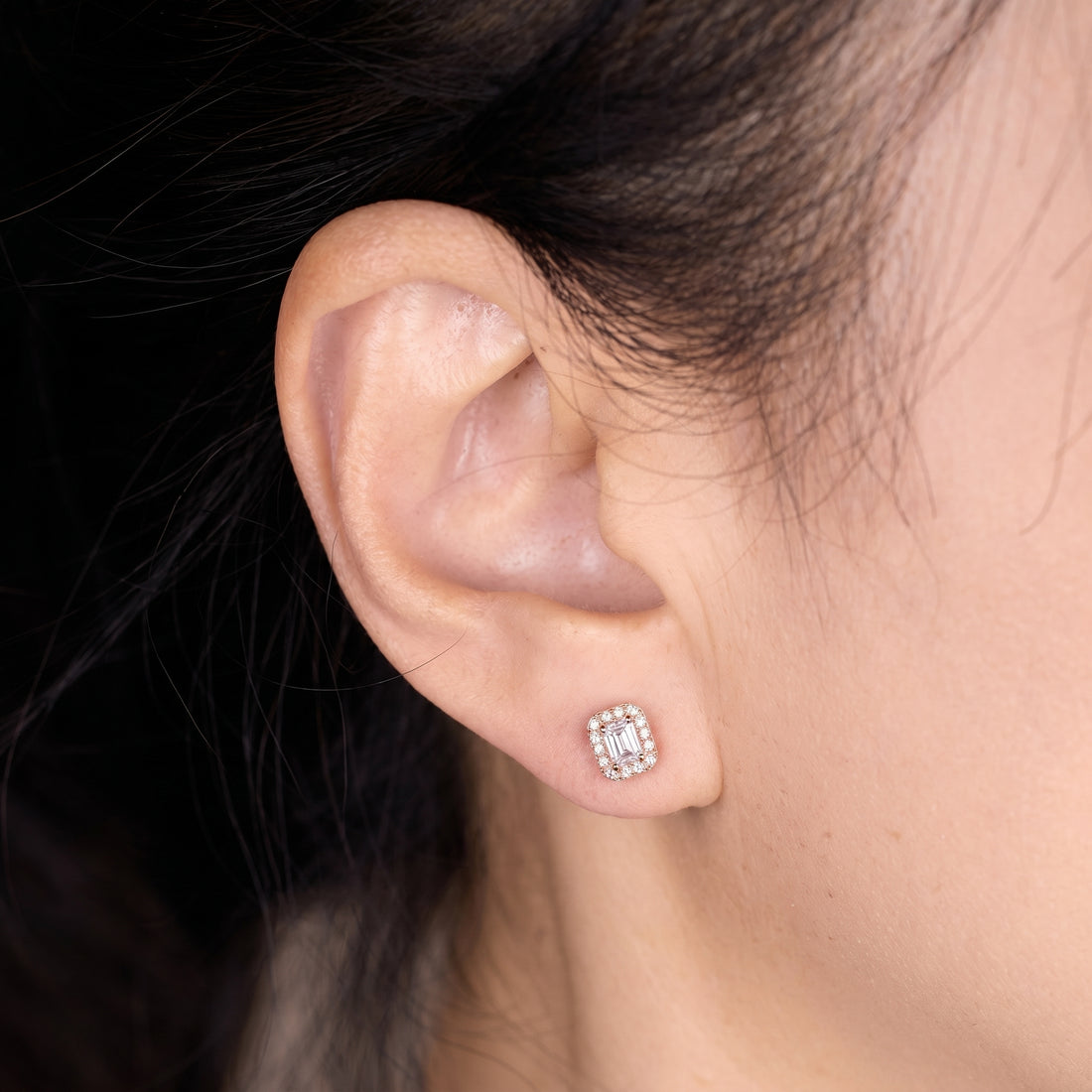 Emerald Cut Diamond Halo Stud Earrings in 18K Rose Gold - JewelryAndStore