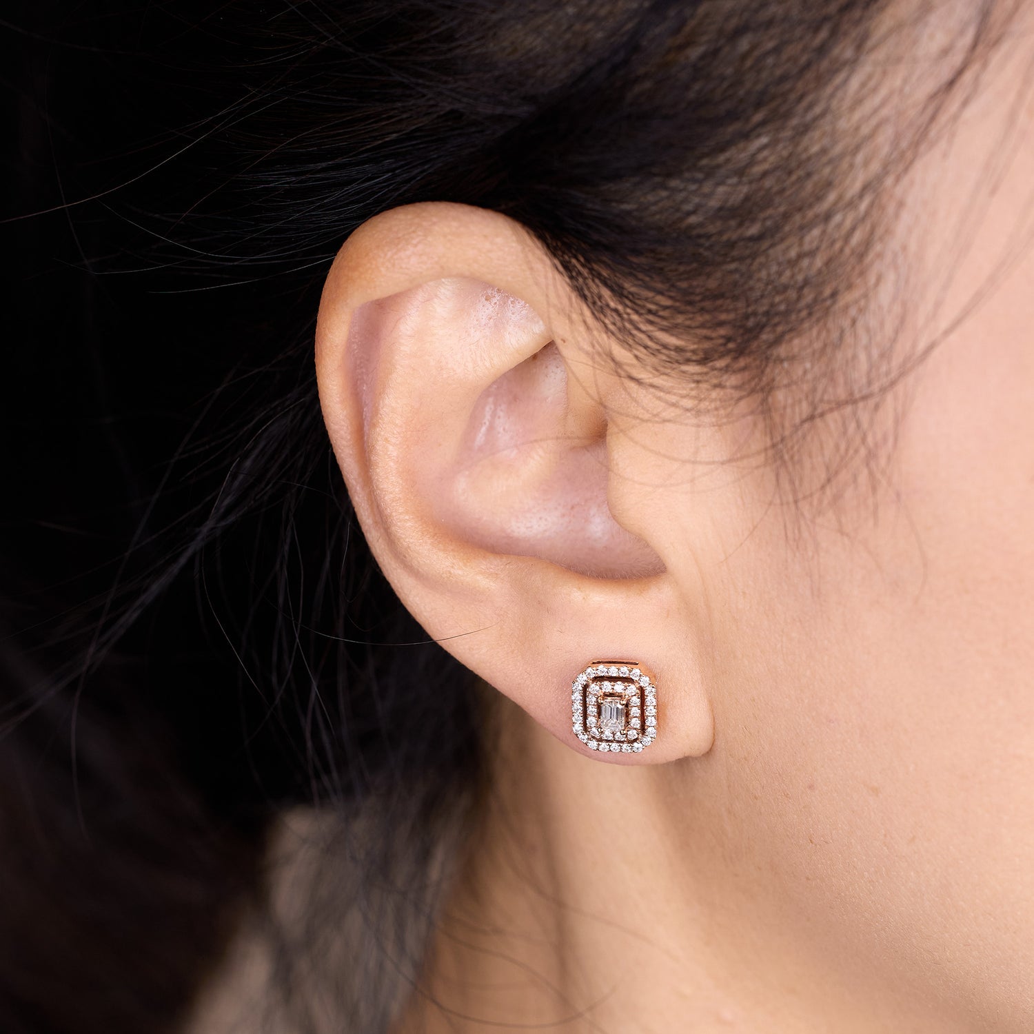 0.28ct tw Emerald Cut Diamond Double Halo Stud Earrings in 18K Rose Gold - JewelryAndStore
