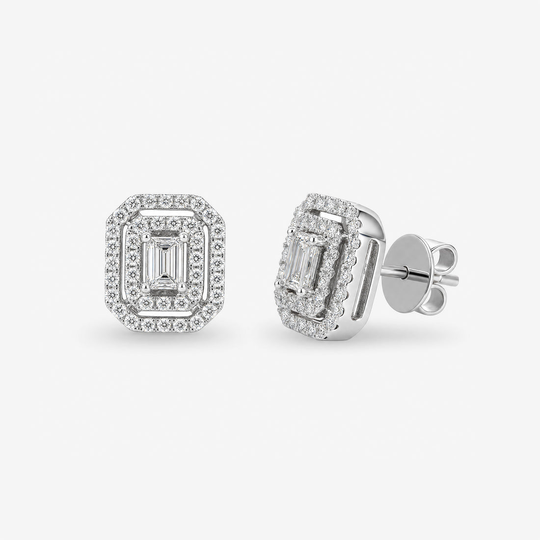 0.28ct tw Emerald Cut Diamond Double Halo Stud Earrings in 18K White Gold - JewelryAndStore