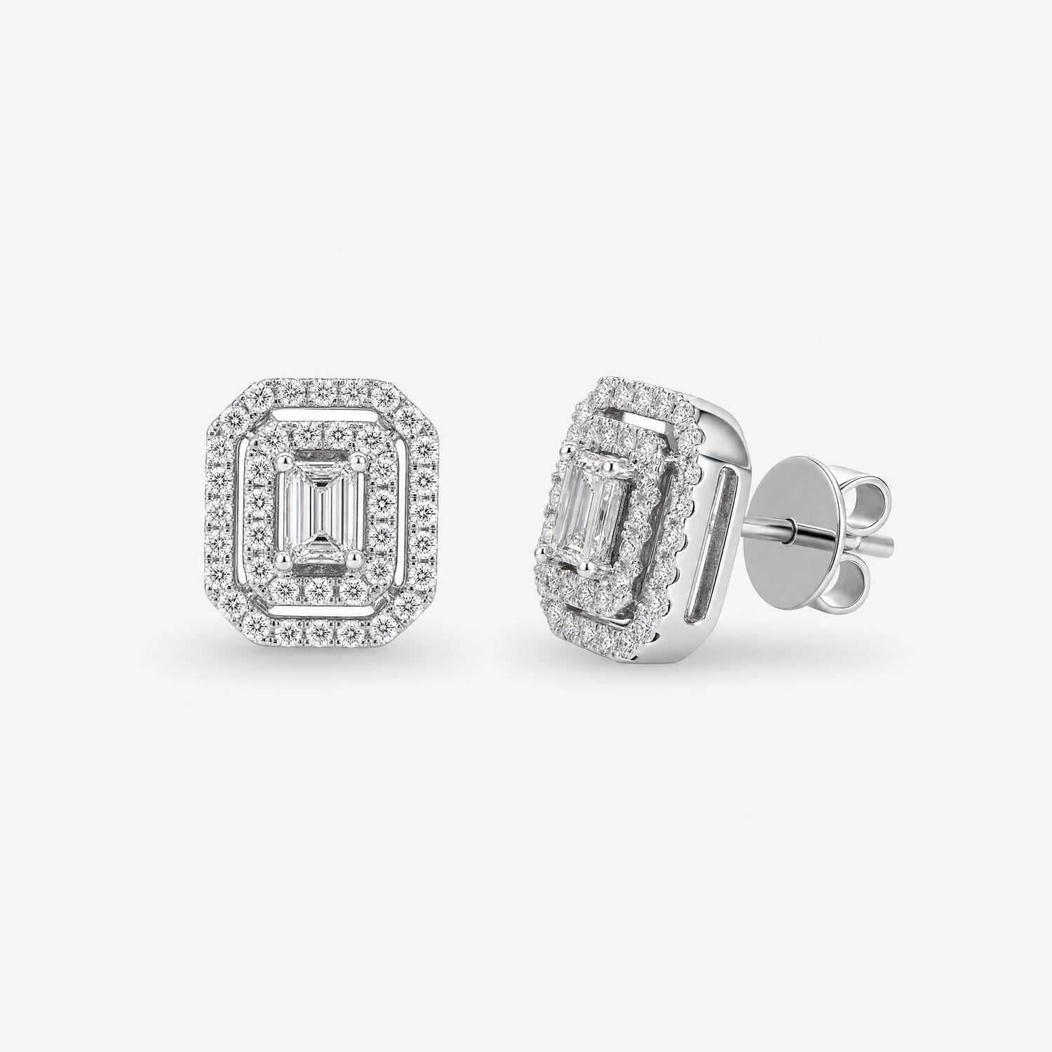 0.28ct tw Emerald Cut Diamond Double Halo Stud Earrings in 18K White Gold - JewelryAndStore