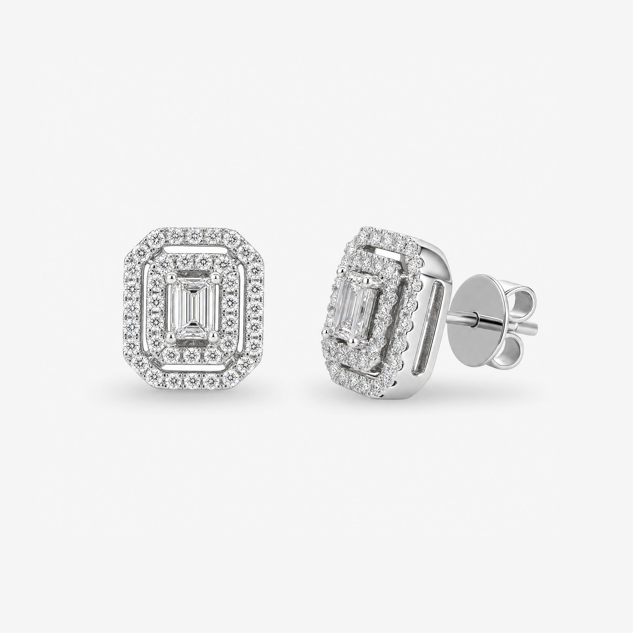 0.28ct tw Emerald Cut Diamond Double Halo Stud Earrings in 18K White Gold - JewelryAndStore