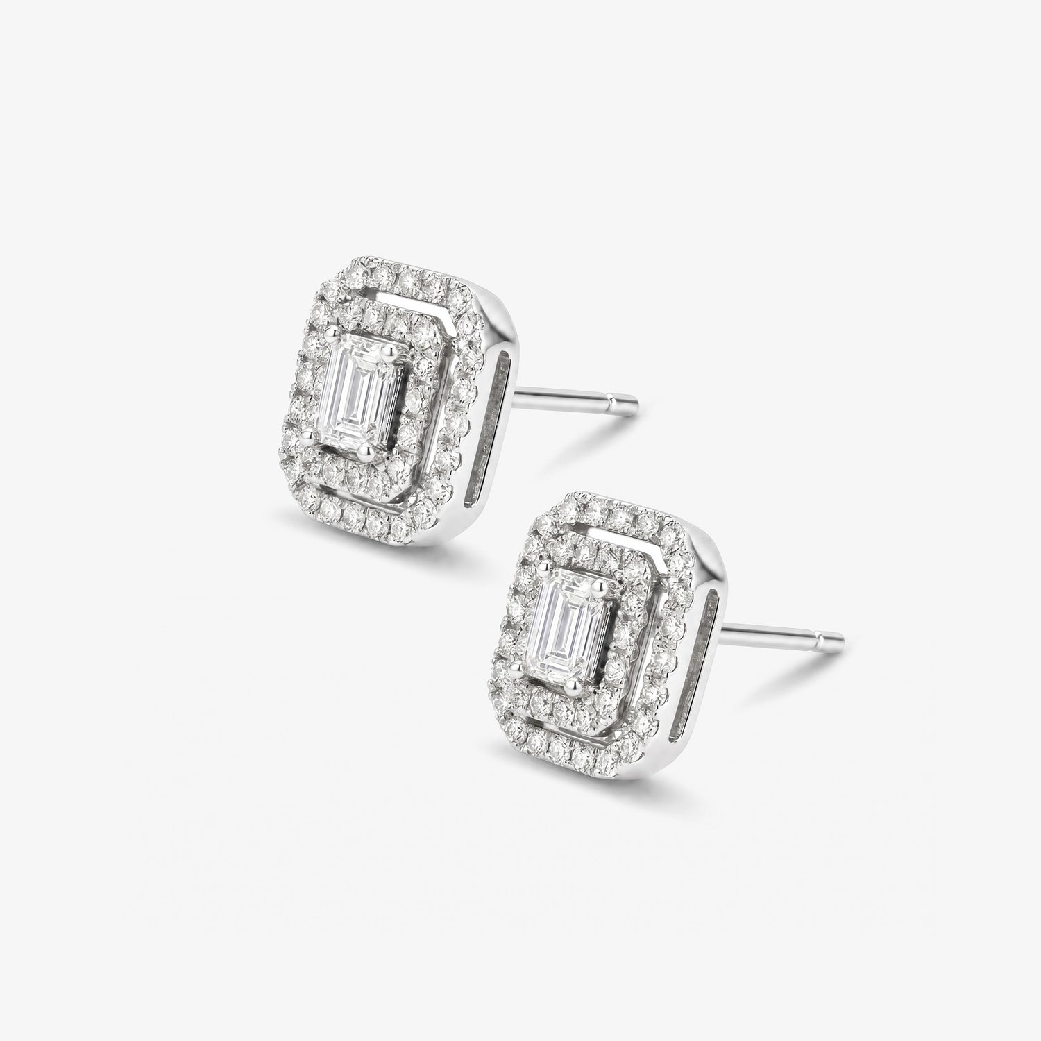 0.28ct tw Emerald Cut Diamond Double Halo Stud Earrings in 18K White Gold - JewelryAndStore