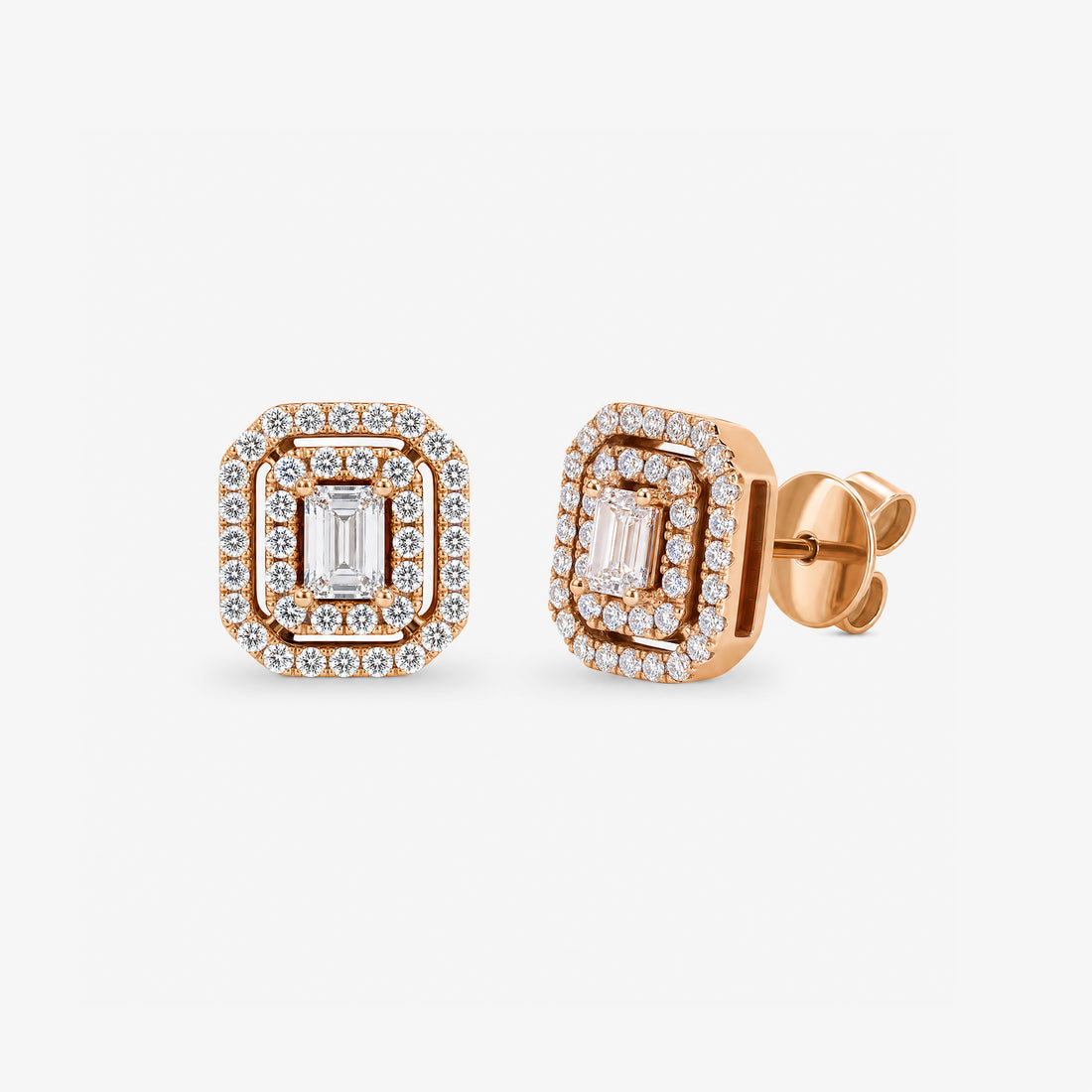 0.28ct tw Emerald Cut Diamond Double Halo Stud Earrings in 18K Rose Gold - JewelryAndStore