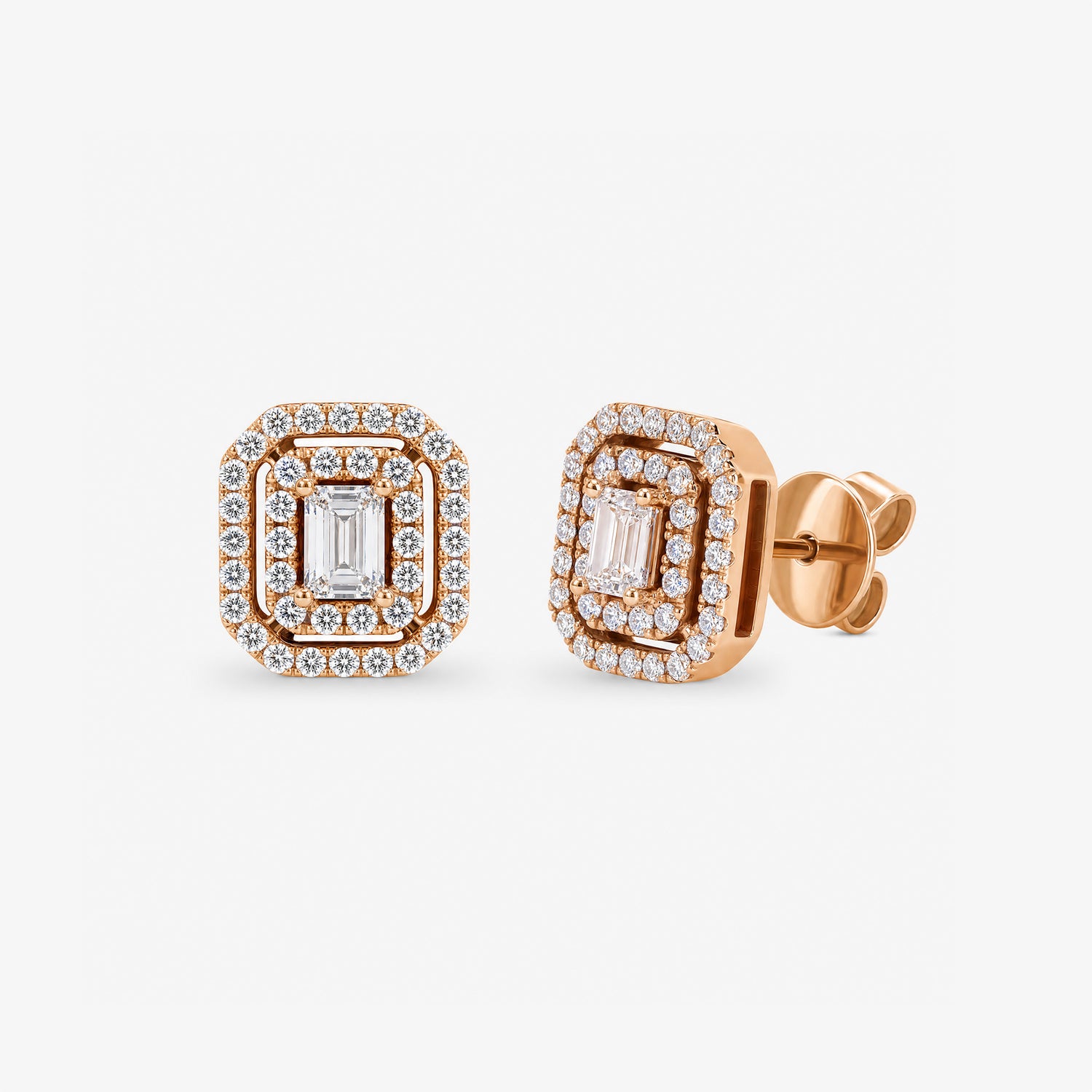 0.28ct tw Emerald Cut Diamond Double Halo Stud Earrings in 18K Rose Gold - JewelryAndStore
