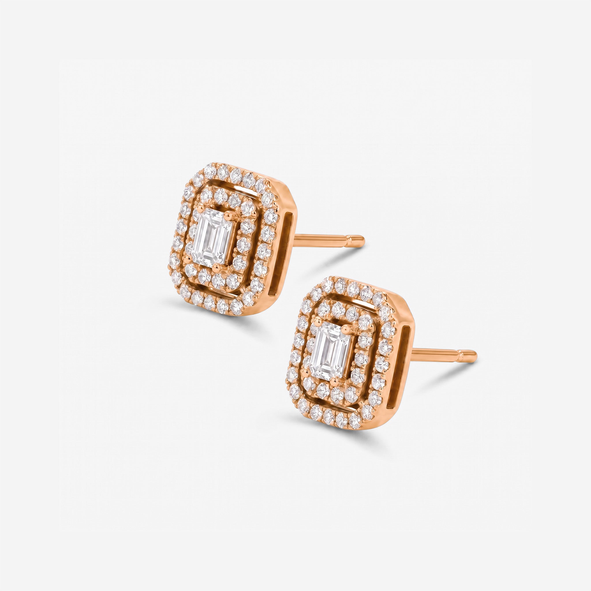 0.28ct tw Emerald Cut Diamond Double Halo Stud Earrings in 18K Rose Gold - JewelryAndStore