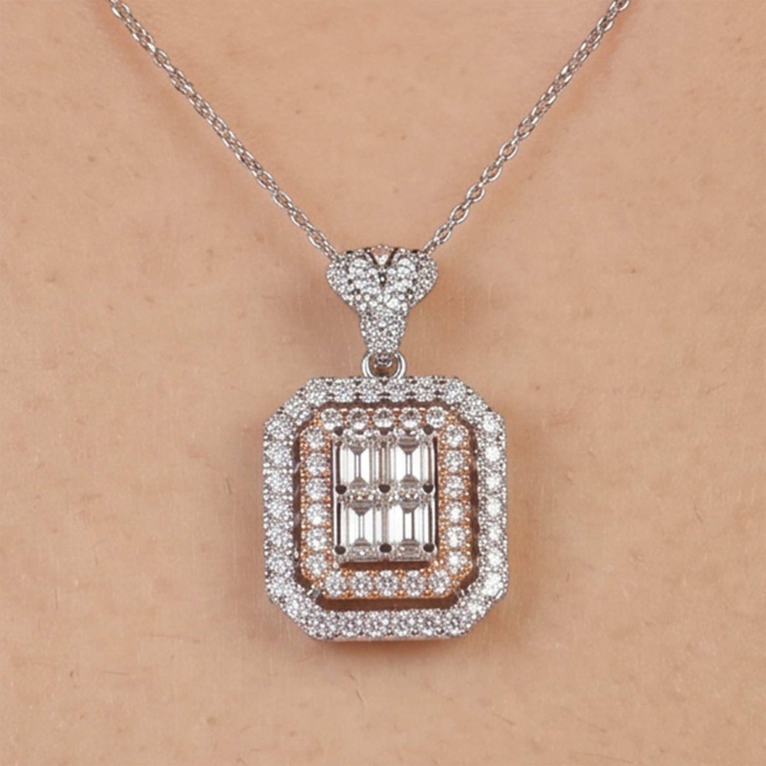 1.25ct Natural Diamond Emerald-Cut Illusion Pendant in 18K Two-Tone Gold - JewelryandStore