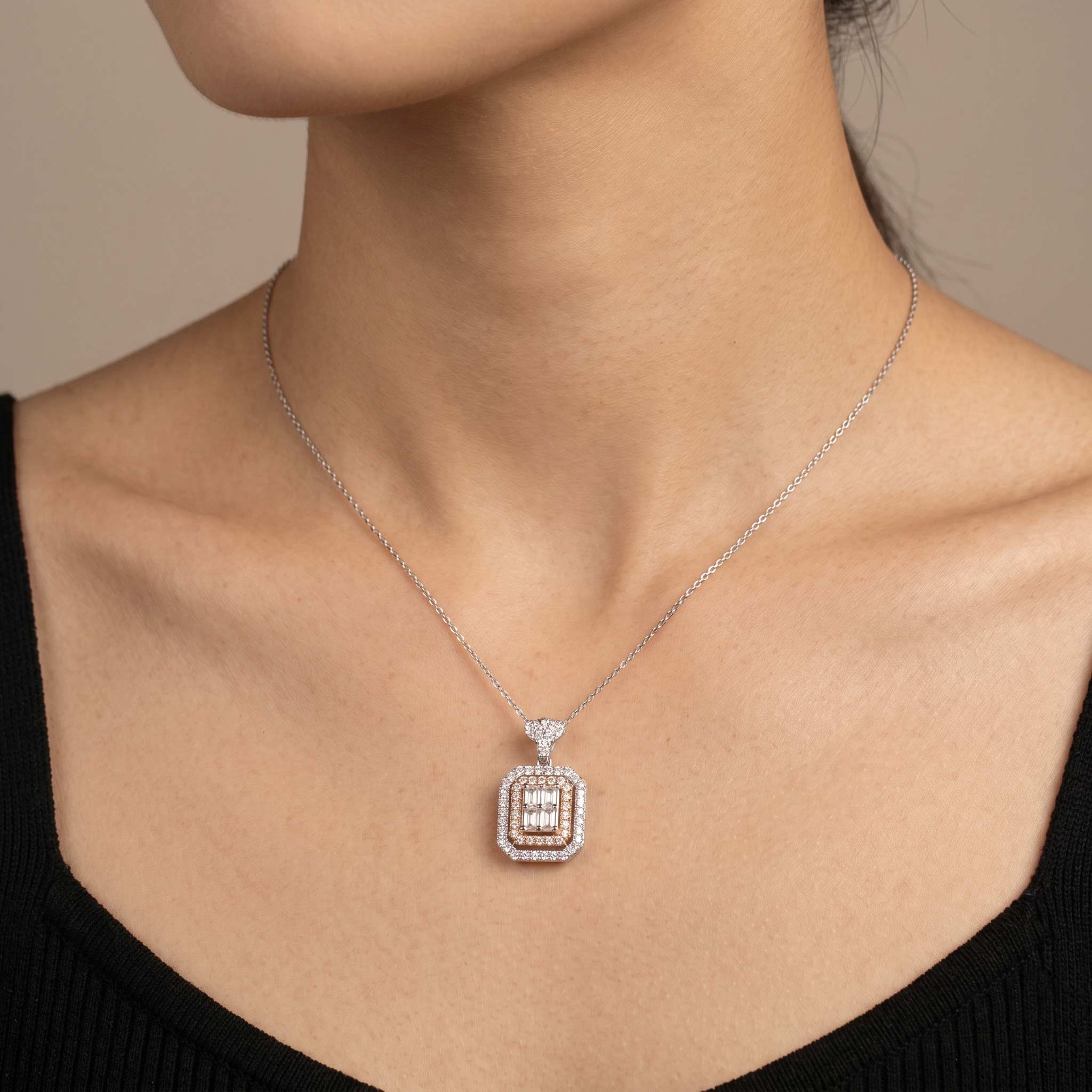 1.25ct Natural Diamond Emerald-Cut Illusion Pendant in 18K Two-Tone Gold - JewelryAndStore