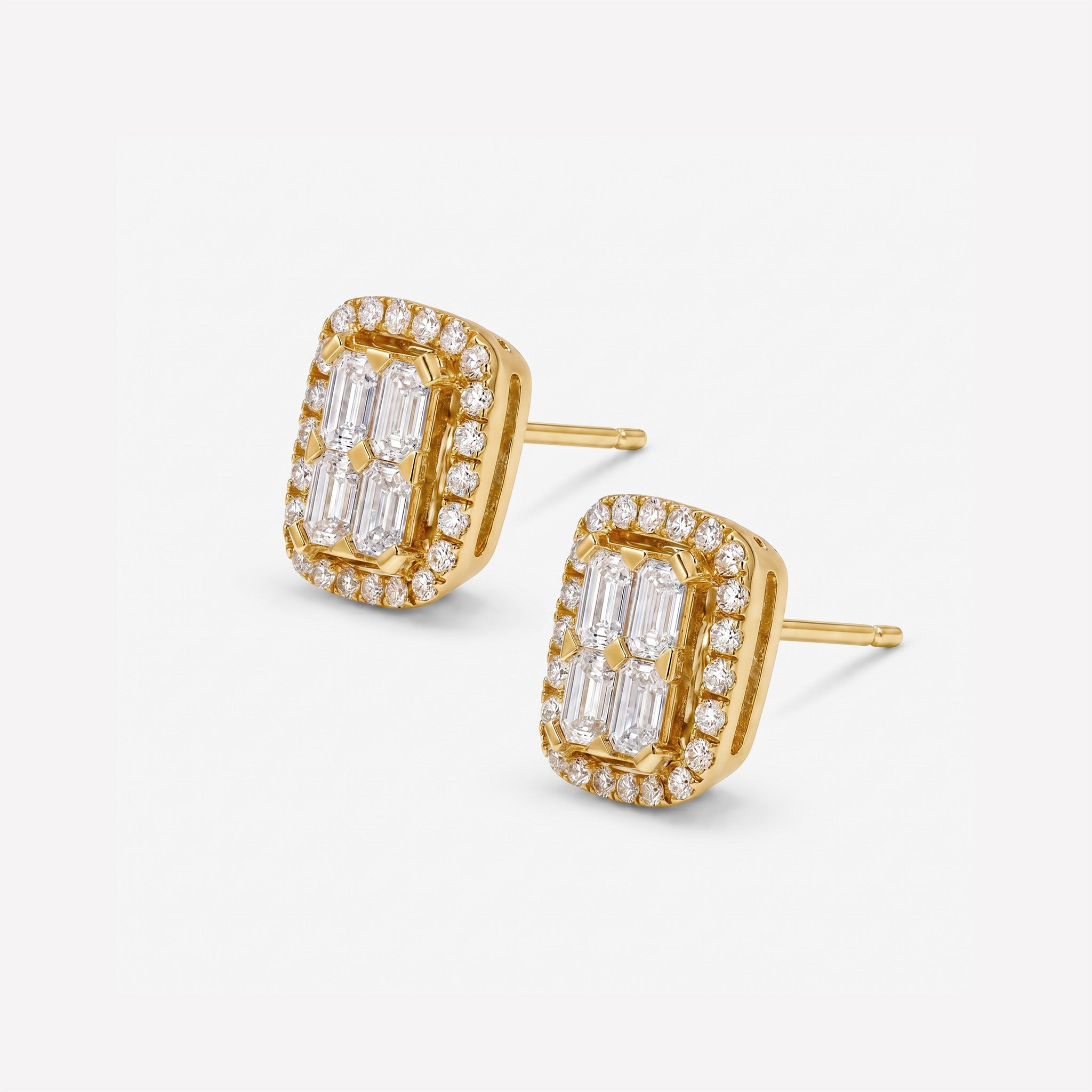 1.51ct Emerald Cut and Round Diamond Halo Earrings in 18K Yellow Gold - JewelryAndStore