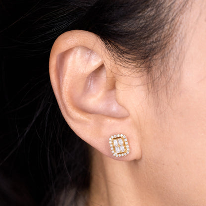 1.51ct Emerald Cut and Round Diamond Halo Earrings in 18K Yellow Gold - JewelryAndStore