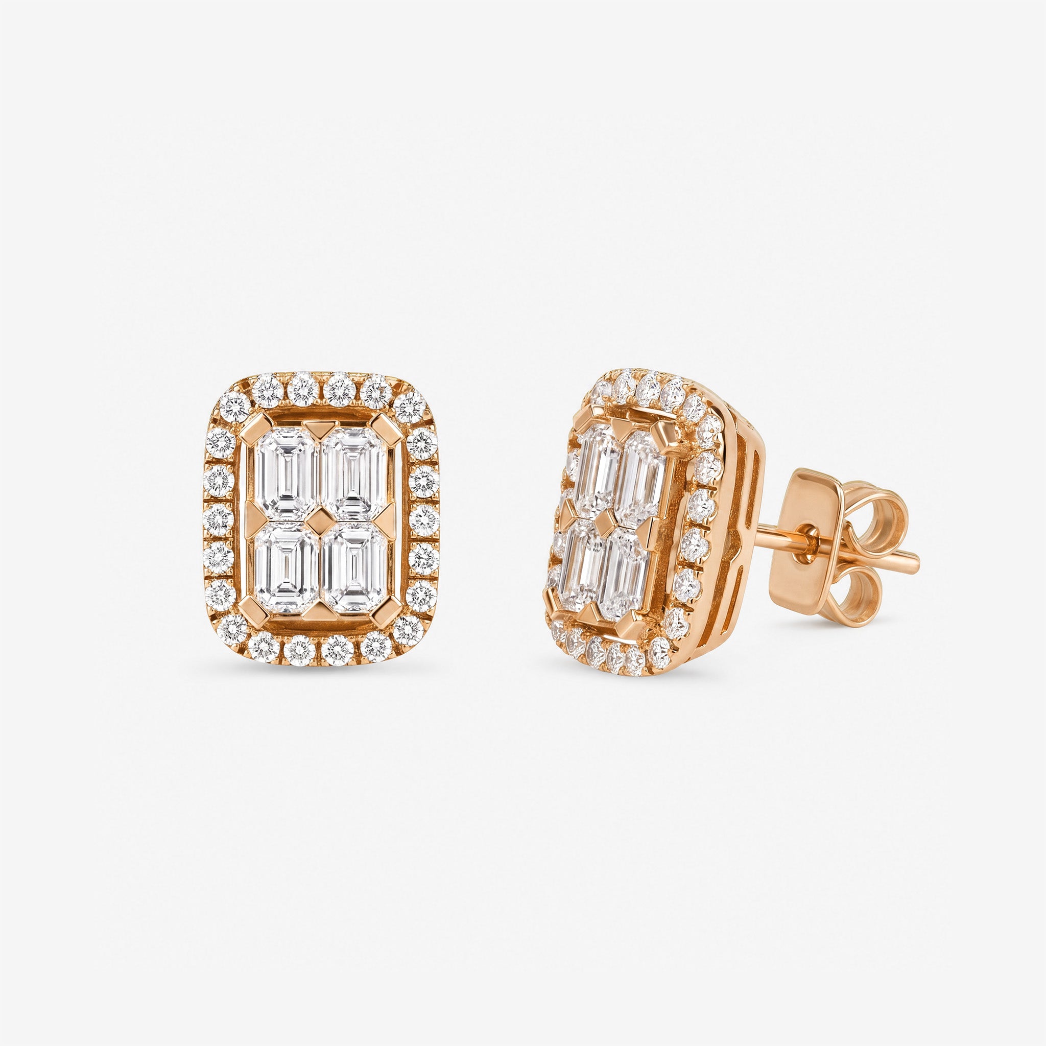 1.51ct Emerald Cut and Round Diamond Halo Earrings in 18K Rose Gold - JewelryAndStore