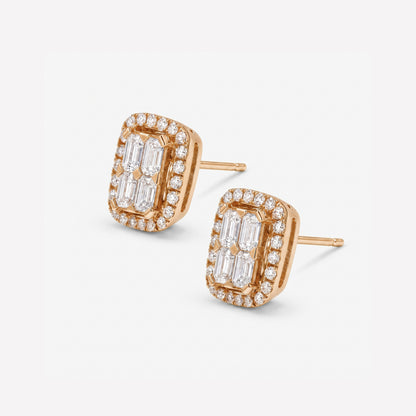 1.51ct Emerald Cut and Round Diamond Halo Earrings in 18K Rose Gold - JewelryAndStore