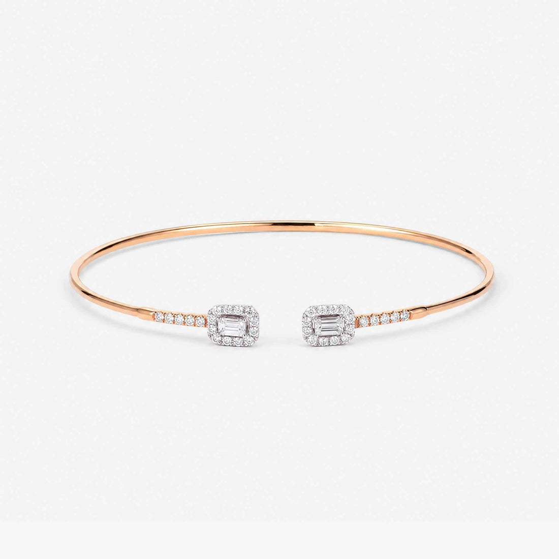 Natural Emerald Cut and Round Diamond Halo Open Cuff Bangle in 18K Rose Gold - JewelryAndStore